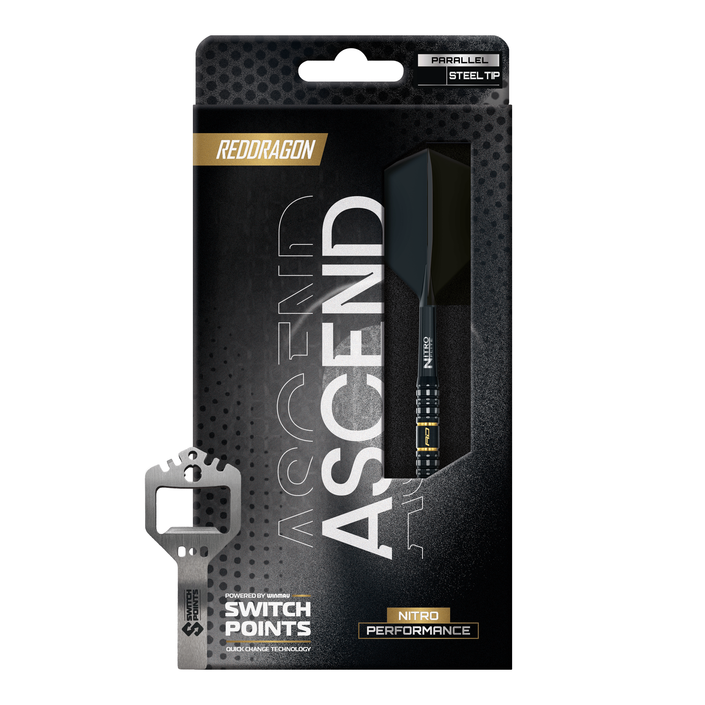 Dardos de acero de punto de conmutación paralelo Red Dragon Ascenso Zu sehen sind drei Red Dragon Ascend Parallel Switch Point Steeldarts gruppiert in einer Reihe. Die Darts heben ihre hochwertige Verarbeitung hervor.