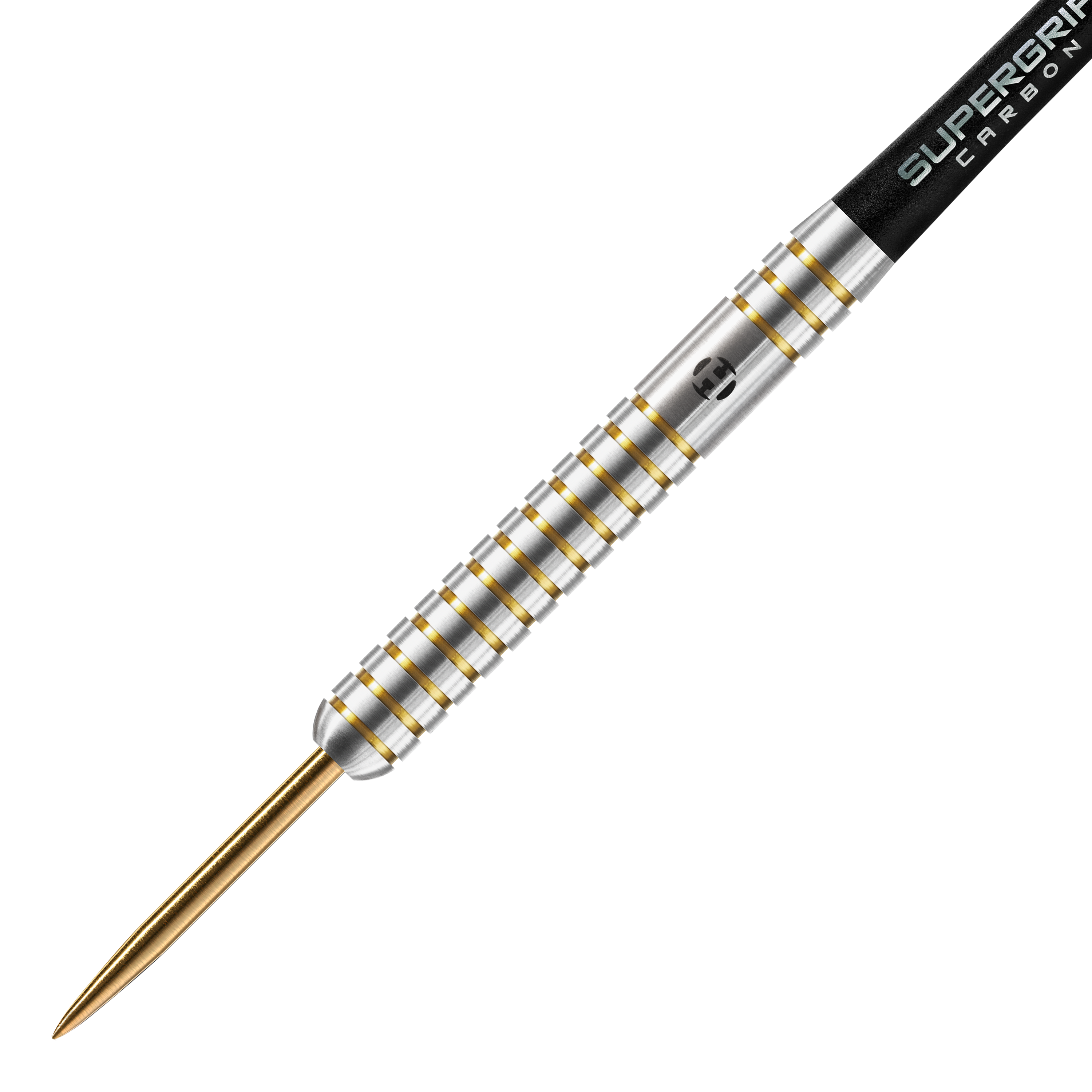 Edición de aniversario de Harrows Los Steeldarts originales Das Bild zeigt einen Harrows Anniversary Edition The Original Steeldart. Der Dartpfeil hat ein silbernes Barrel mit goldenen Rillen und einer goldenen Spitze.