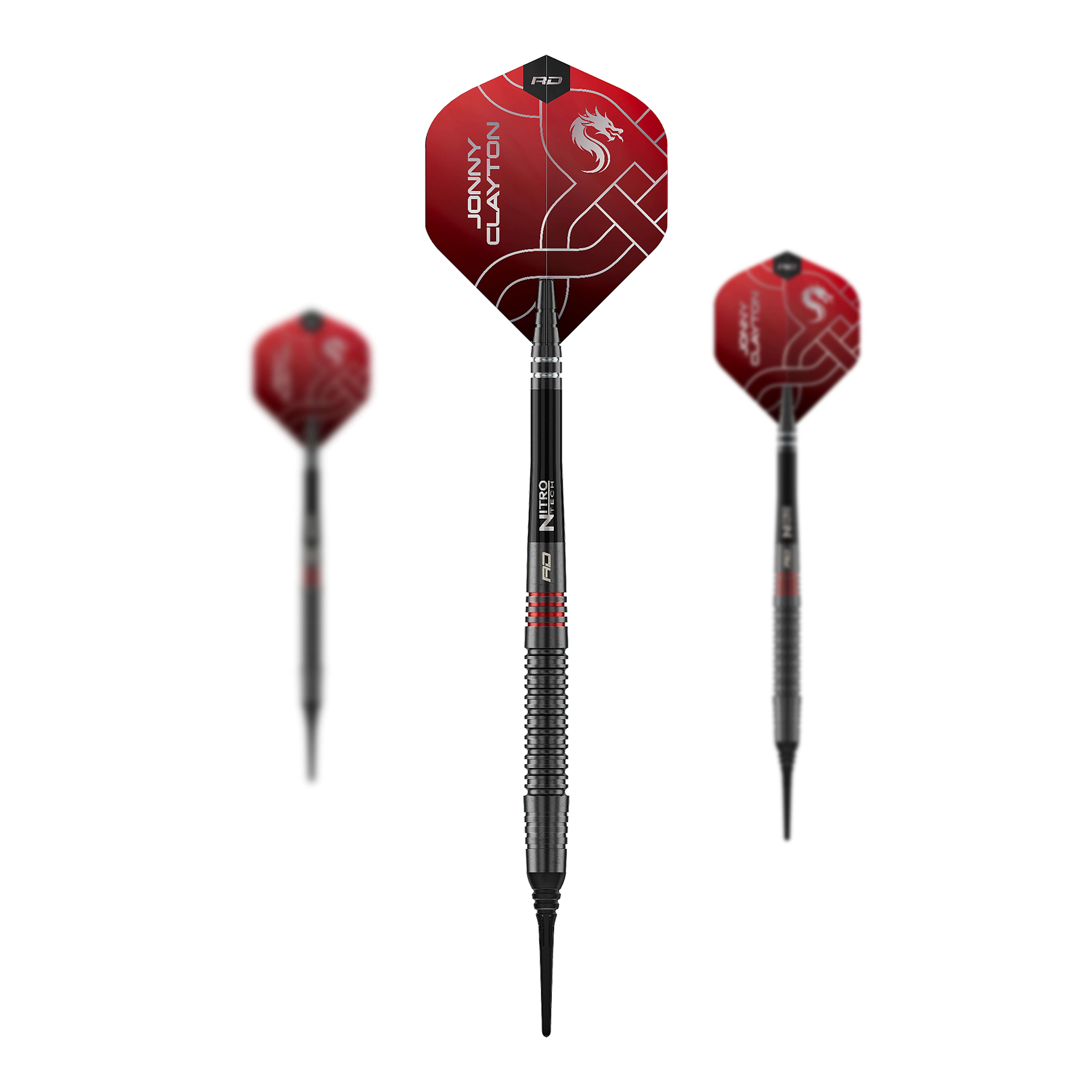 Dardos blandos Red Dragon Jonny Clayton RD-ADV - 18 g Auf dem Foto ist das Set der Red Dragon Jonny Clayton RD-ADV Softdarts - 18g zu sehen. Drei Softdarts liegen nebeneinander als Set.