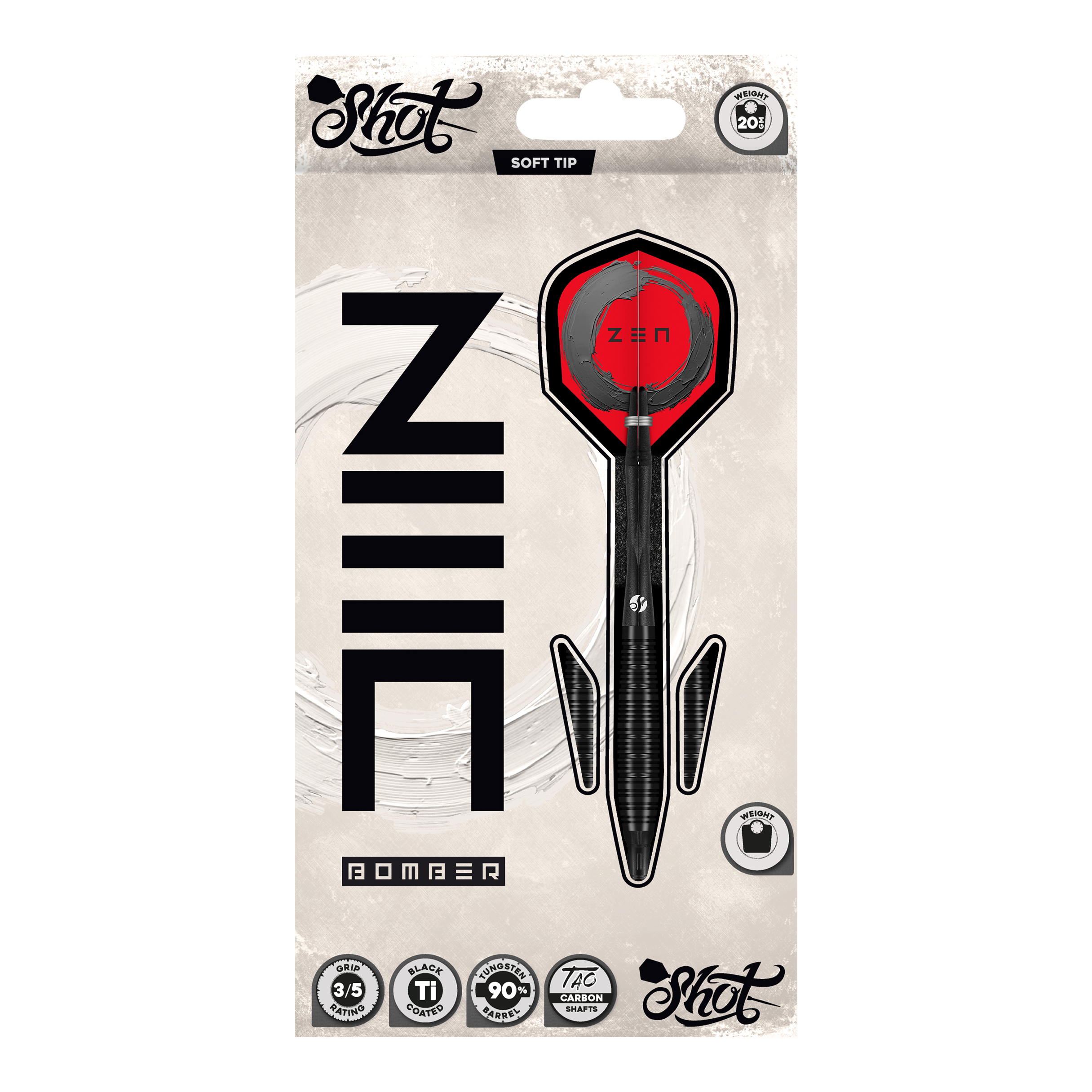 Dardos blandos Shot ZEN Bomber - 20 g Hier sieht man die Shot ZEN Bomber Softdarts - 20g. Die Softdarts sind für präzises Werfen und einen sicheren Halt konzipiert.