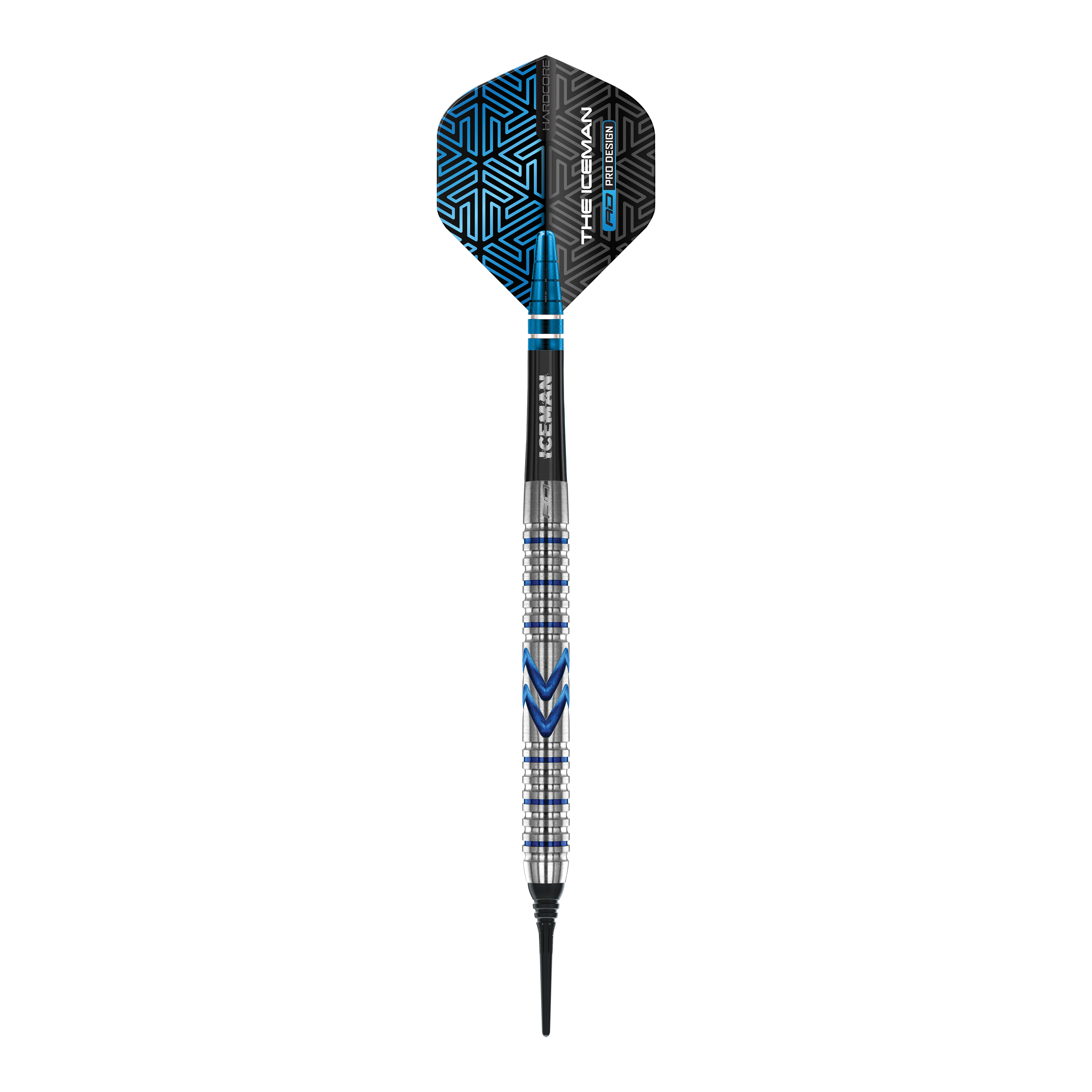 Dardos blandos Red Dragon Gerwyn Price Iceman Midnight Edition - 20 g Der abgebildete Softdart ist der "Red Dragon Gerwyn Price Iceman Midnight Edition" mit einem Gewicht von 20g. Er hat ein modernes Design mit silbernen und blauen Akzenten sowie einer schwarzen Flights mit blauen Mustern.