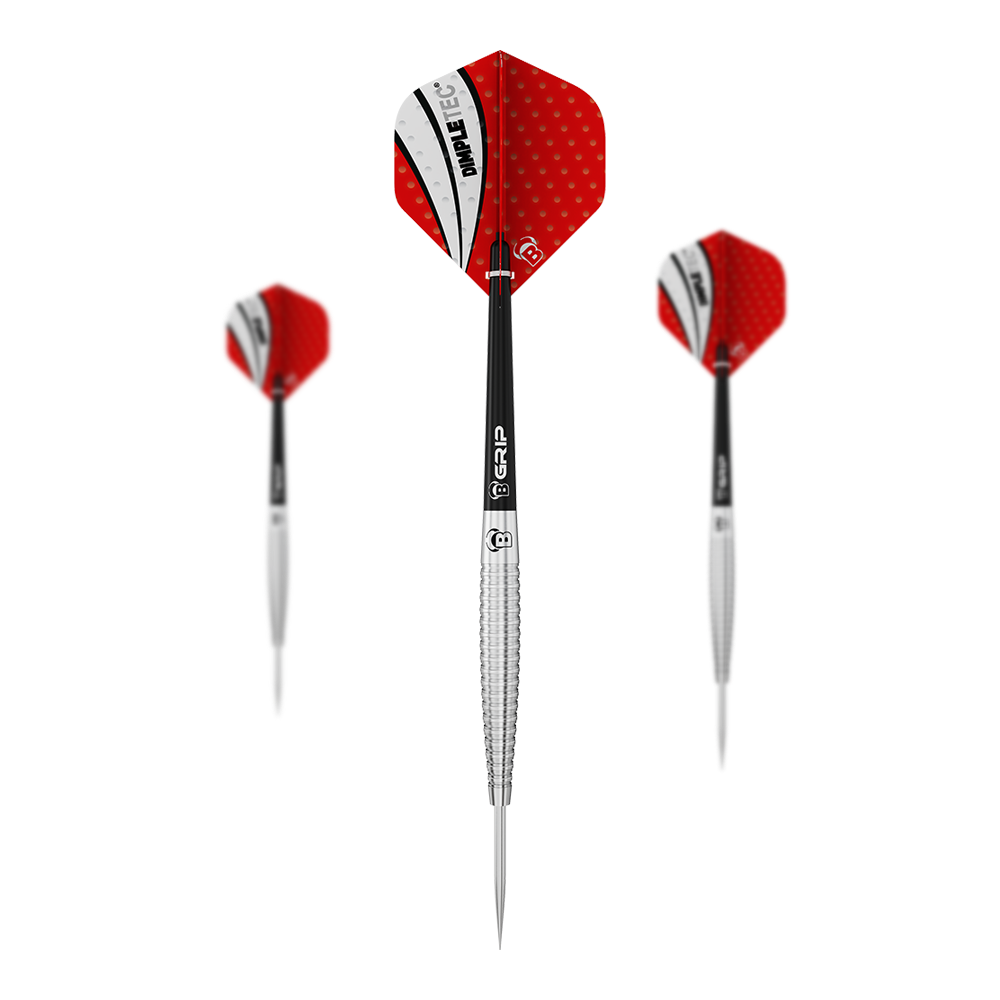 dardos de acero Bulls Dot D6 Das Bild zeigt drei Steeldarts mit roten Flights und silbernen Spitzen. Die Flights haben ein weiß-schwarzes Muster mit dem Aufdruck "PIMPLETEC".