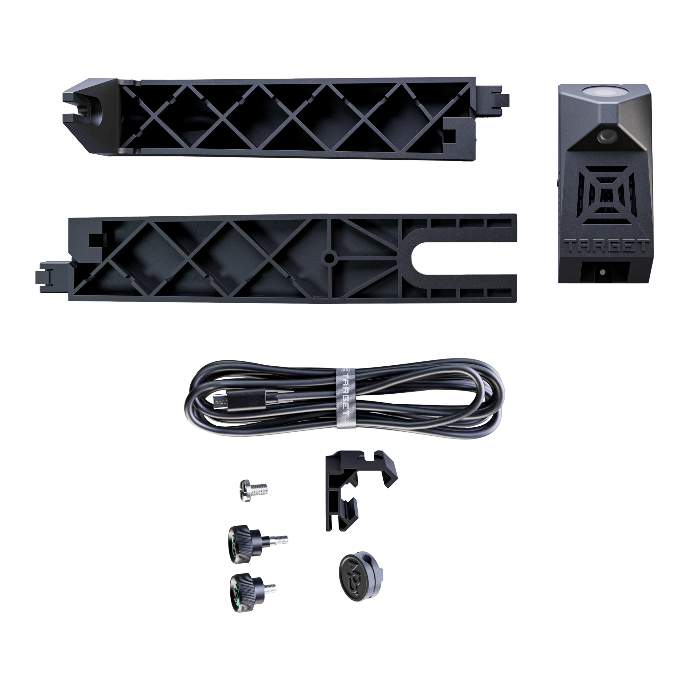 Cámara Target VIRT Das Bild zeigt alle Einzelteile des Produkts "Target VIRT Kamera". Zu sehen sind die Kamera, Befestigungselemente, ein Kabel und diverses Zubehör, ordentlich angeordnet.