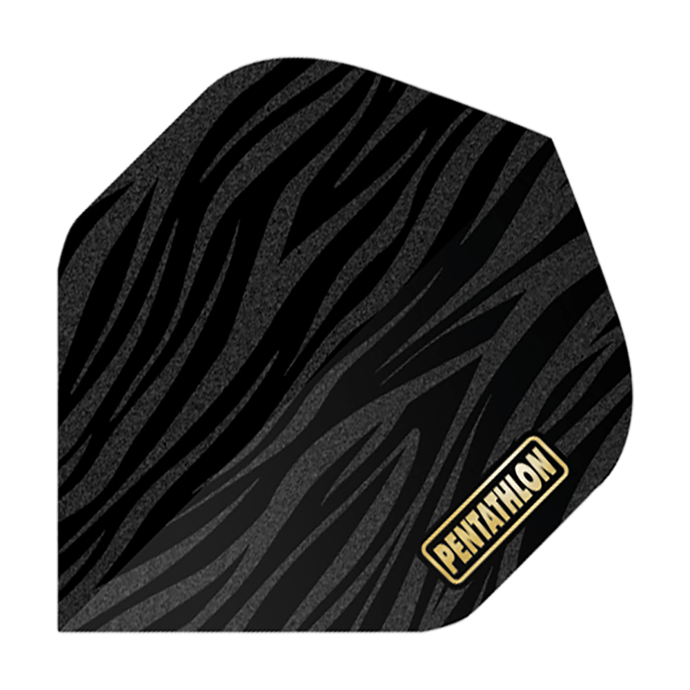 Vuelos de pentatlón RT Zebra Das Bild zeigt ein Dartflight mit einem Zebra-Muster in Schwarz und Grau. In der unteren Ecke steht das Wort "Pentathlon" in gelber Schrift.