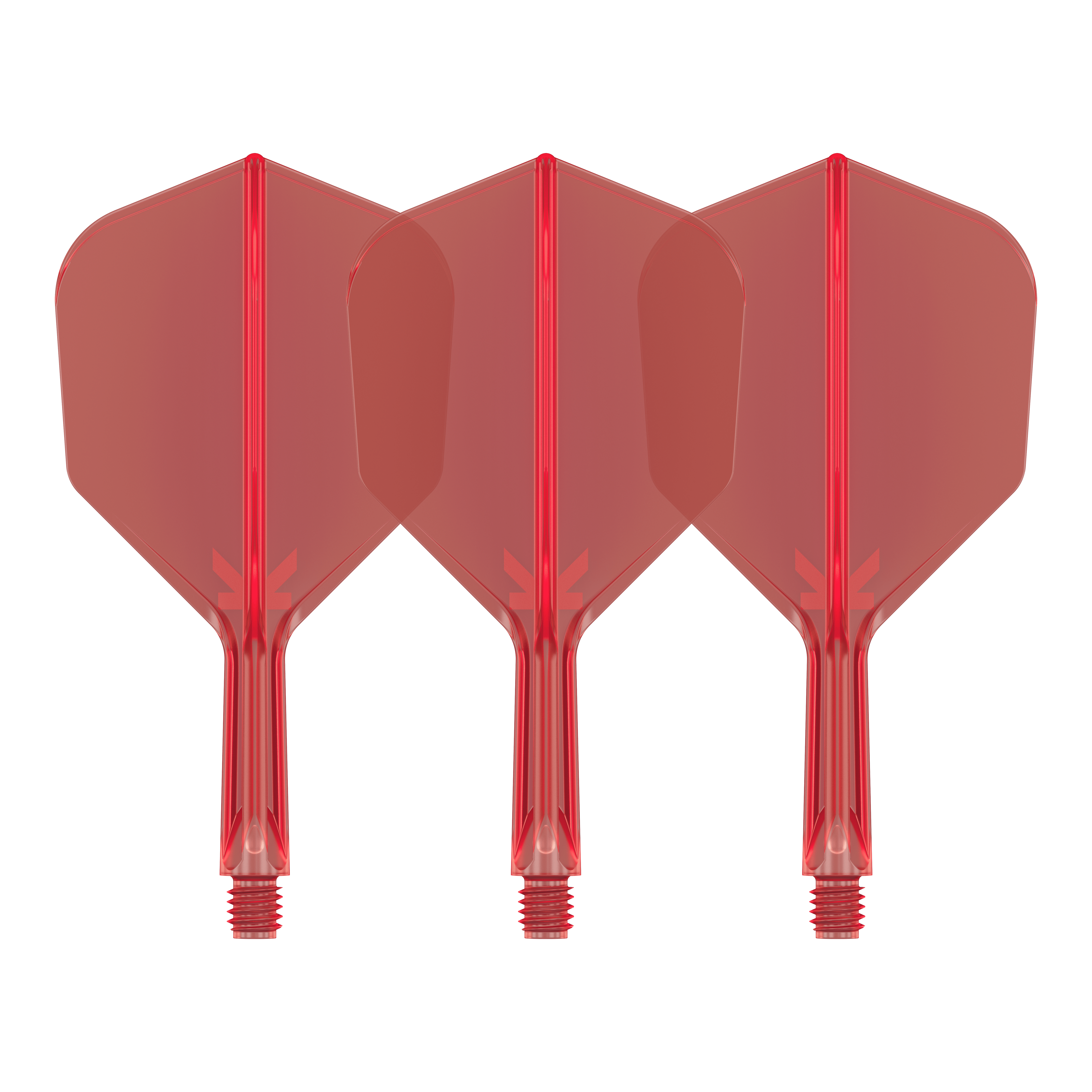 Sistema de vuelo Target K-Flex No6 - Rojo Auf dem Bild sind drei rote Dart-Flights mit Shafts zu sehen. Sie sind identisch und stehen nebeneinander auf weißem Hintergrund.