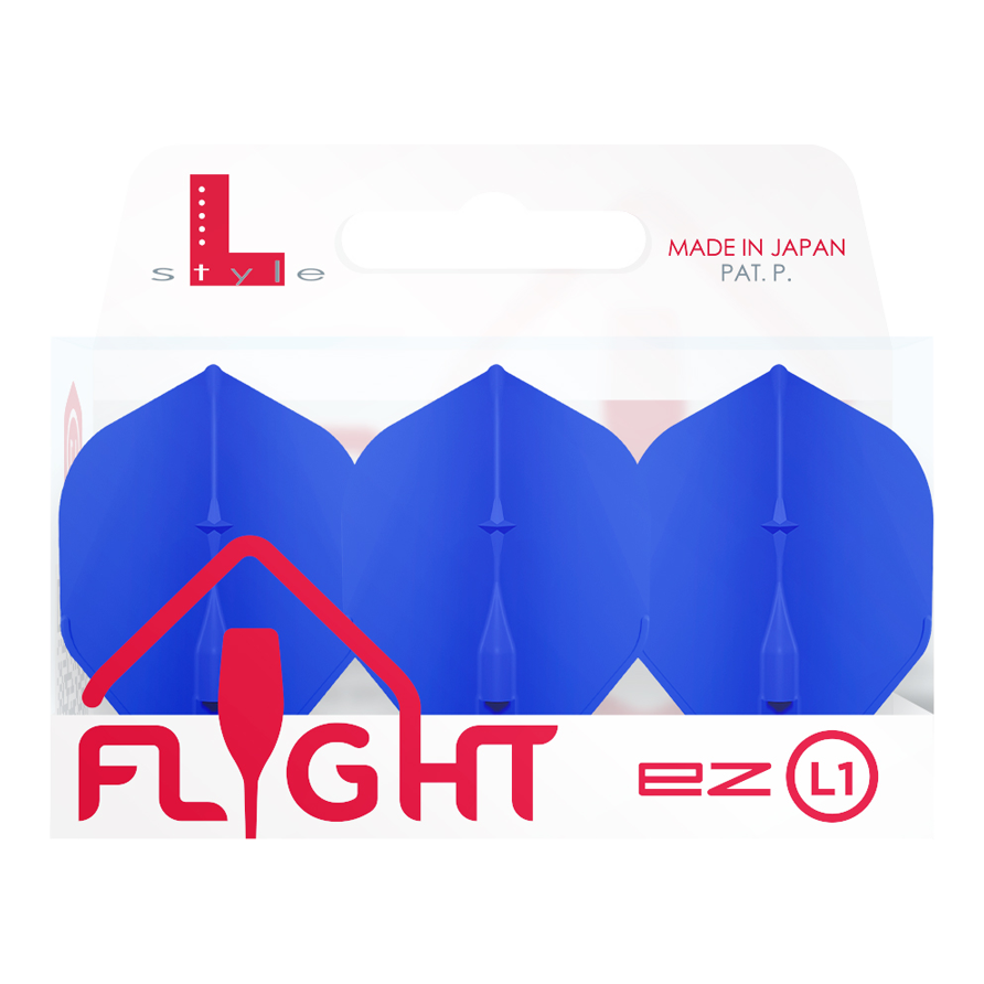 L-Style Champagne L1EZ Standard Flights Das Bild zeigt eine Verpackung mit drei blauen Dart-Flights der Marke "L-Style Champagne L1EZ Standard". Auf der Verpackung steht "Made in Japan" und die Marke ist deutlich sichtbar.