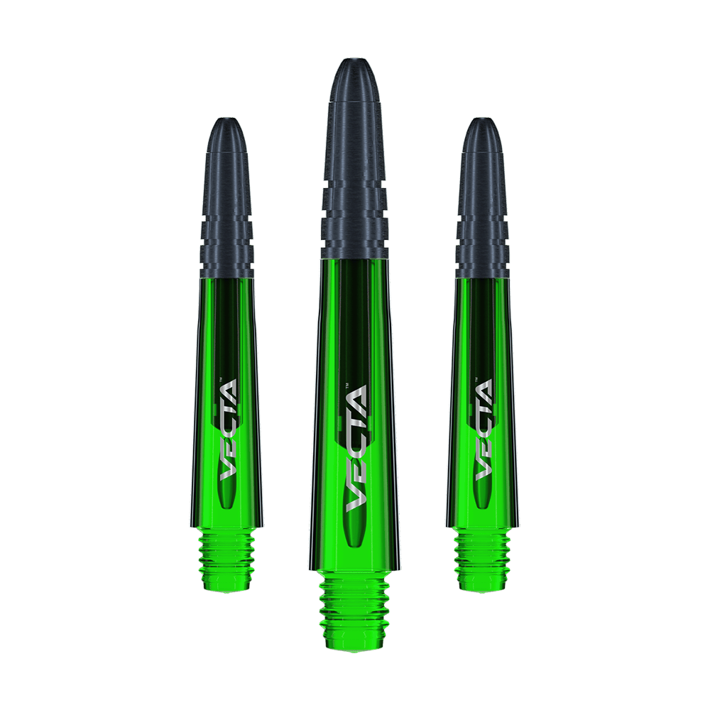 7025-104_Winmau_Vecta_Shafts_Gr-n_34mm_16pLz4tRurbhcf Das Bild zeigt drei grüne Winmau Vecta Shafts für Dartpfeile. Die Shafts haben schwarze Spitzen und sind aus glänzendem Material gefertigt.