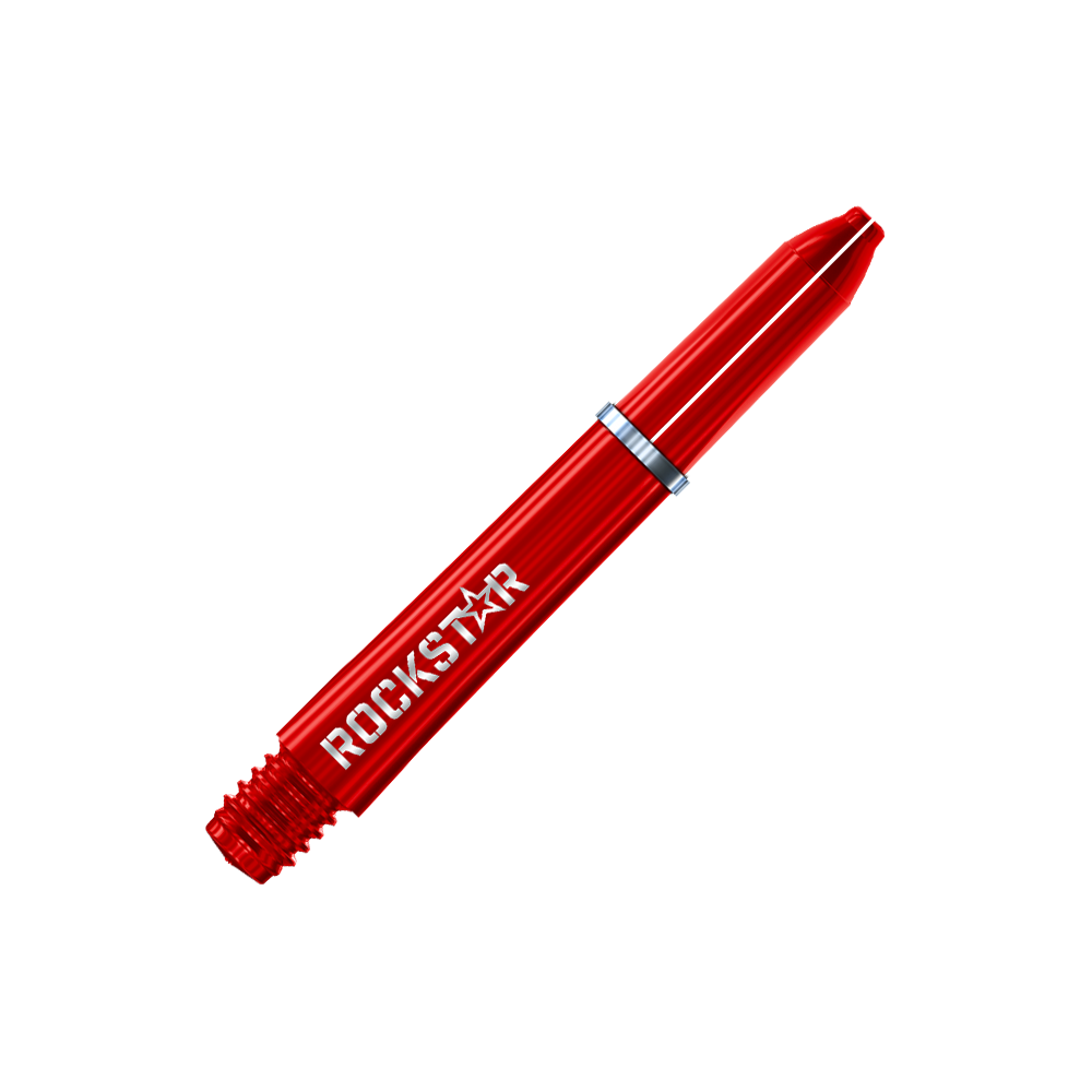 Varillas de nailon Winmau Joe Cullen Rockstar Das Bild zeigt einen roten Dart-Schaft mit der Aufschrift „ROCKSTAR“. Der Schaft hat eine glänzende Oberfläche und einen silbernen Ring in der Mitte.
