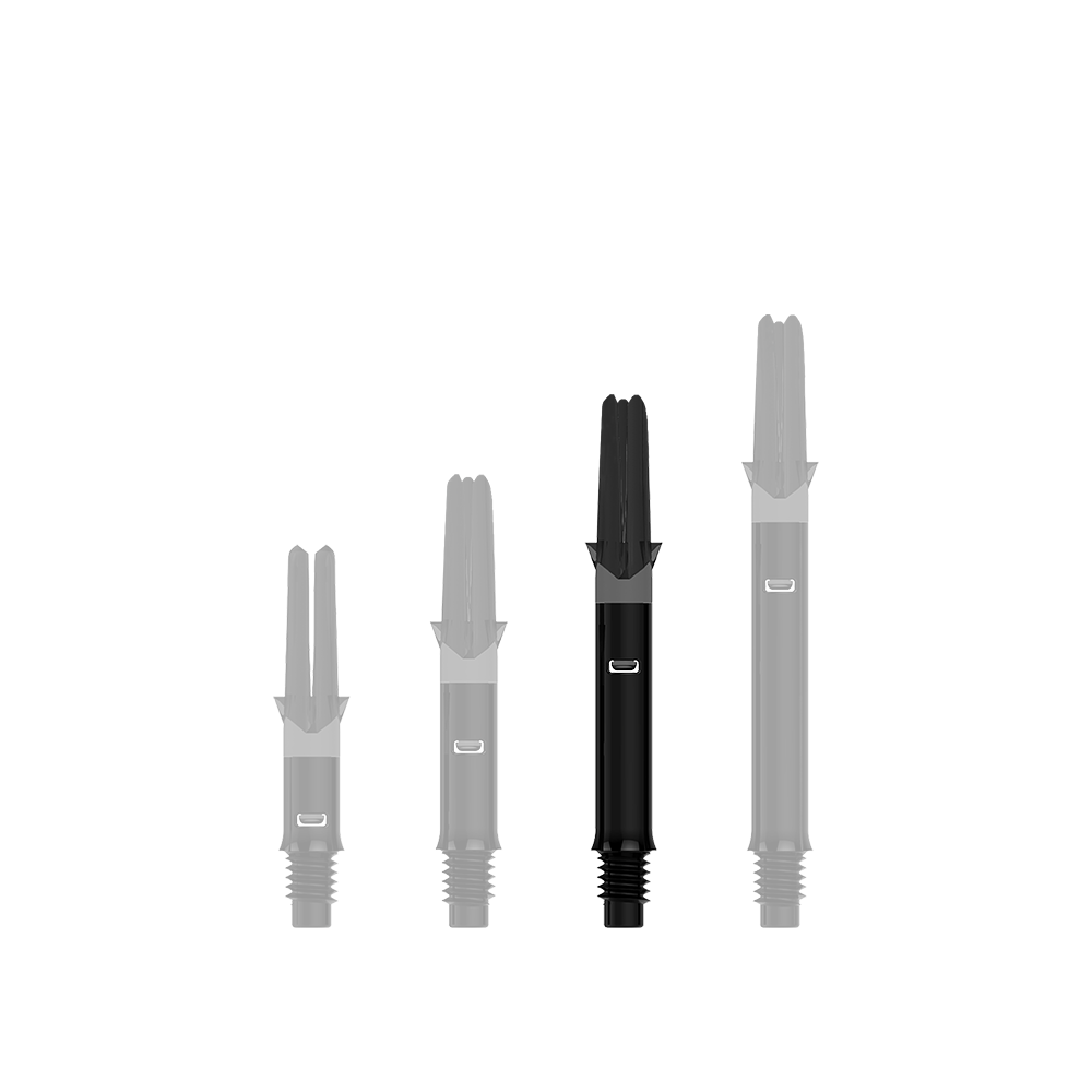 Ejes L-Style silenciosos rectos - Negro Das Bild zeigt drei schwarze Dartschäfte in unterschiedlichen Längen. Sie stehen nebeneinander auf einem transparenten Hintergrund.