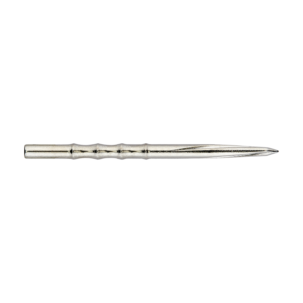 Puntas de dardos de acero festoneado con voluta de unicornio Das Bild zeigt eine silberne Steeldartspitze mit einem gerillten Design. Die Spitze ist schlank und hat eine profilierte, leicht gewellte Oberfläche.