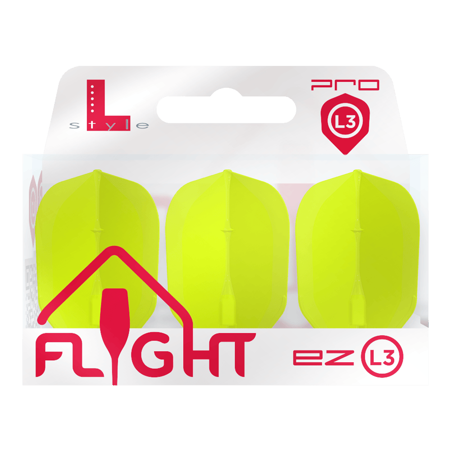 Vuelos L-L-Style3EZ Das Bild zeigt eine Packung mit drei neon-gelben Dart-Flights der Marke L-Style. Auf der Verpackung steht „FLIGHT ez L3 Pro“.