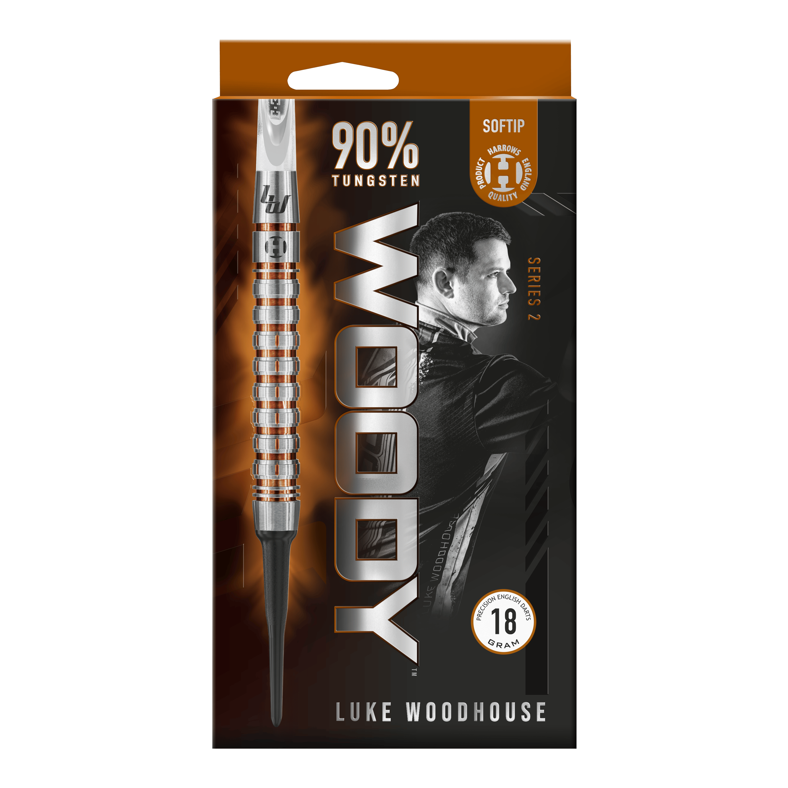 Dardos suaves Harrow's Luke Woodhouse Serie 2 - 18 g Die Verpackung zeigt die Harrows Luke Woodhouse Series 2 Softdarts mit einem Gewicht von 18 Gramm. Auf der Vorderseite ist ein großes Bild eines Softdarts sowie das Porträt von Luke Woodhouse abgebildet.