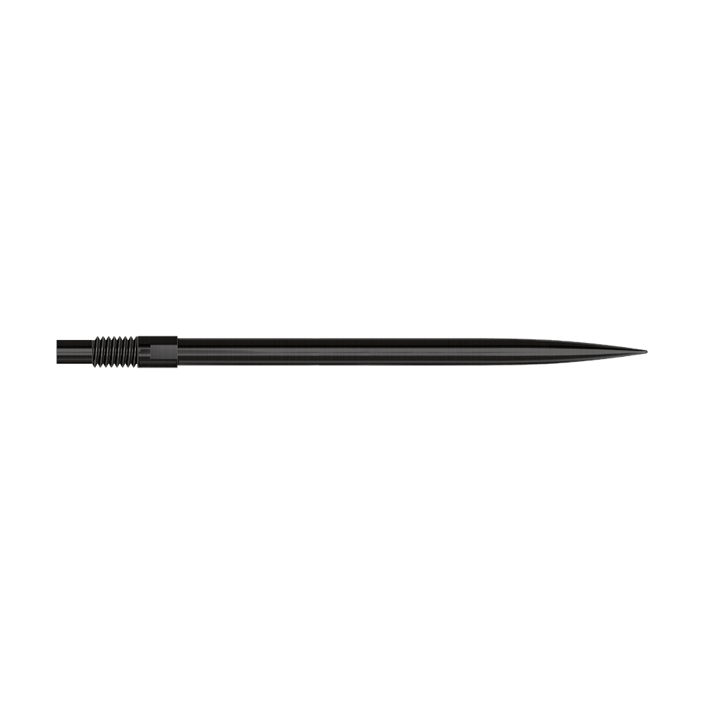 Schwarze Dartspitzen mit einer Länge von 40 mm sind zu sehen. Sie liegen sortiert auf einer hellen Fläche.