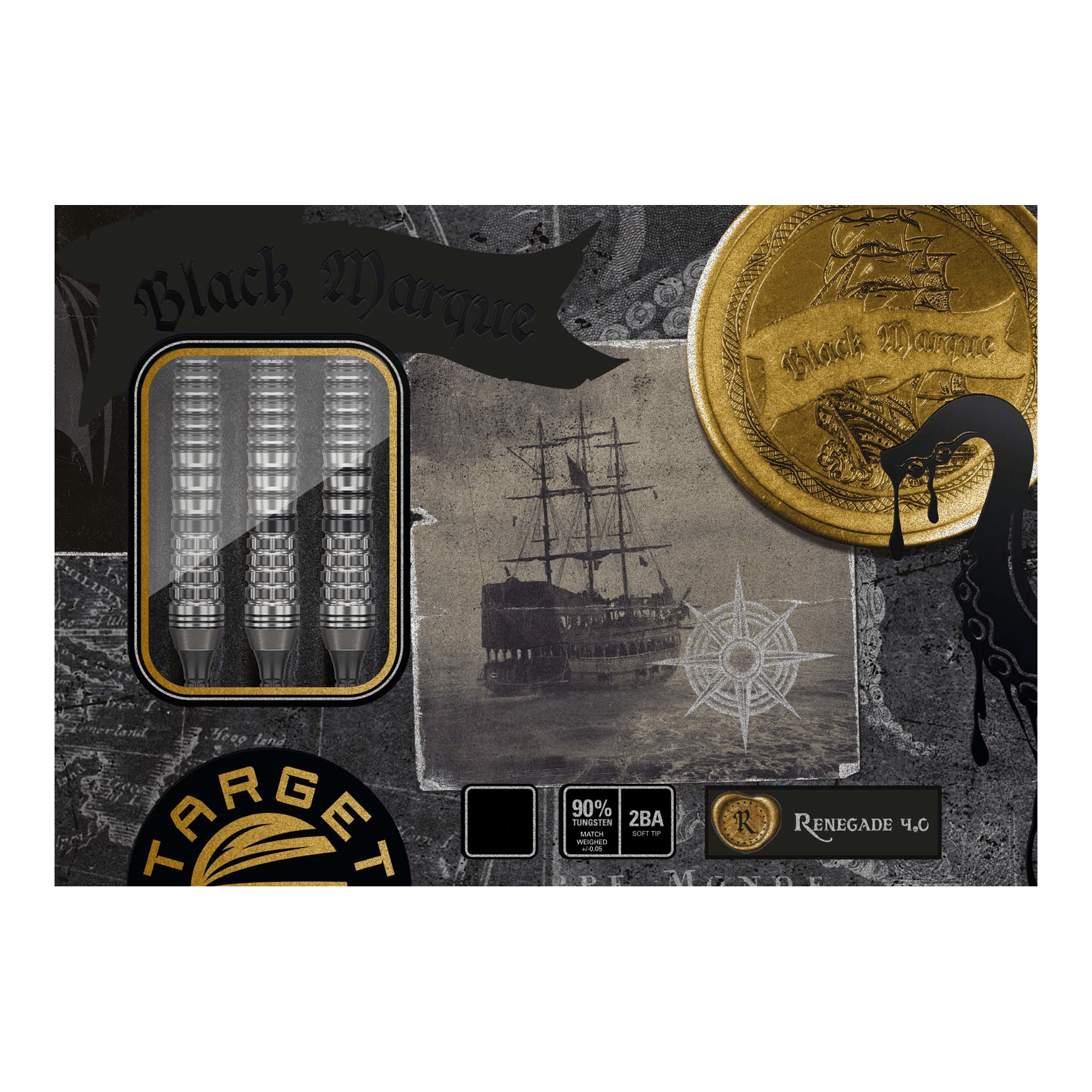 Das Bild zeigt die Verpackung der „Target Japan Black Marque Renegade 4 Softdarts – 19g“. Auf der Verpackung sind drei Dartpfeile, ein altes Segelschiff und eine goldene Münze mit dem Schriftzug „Black Marque“ abgebildet.