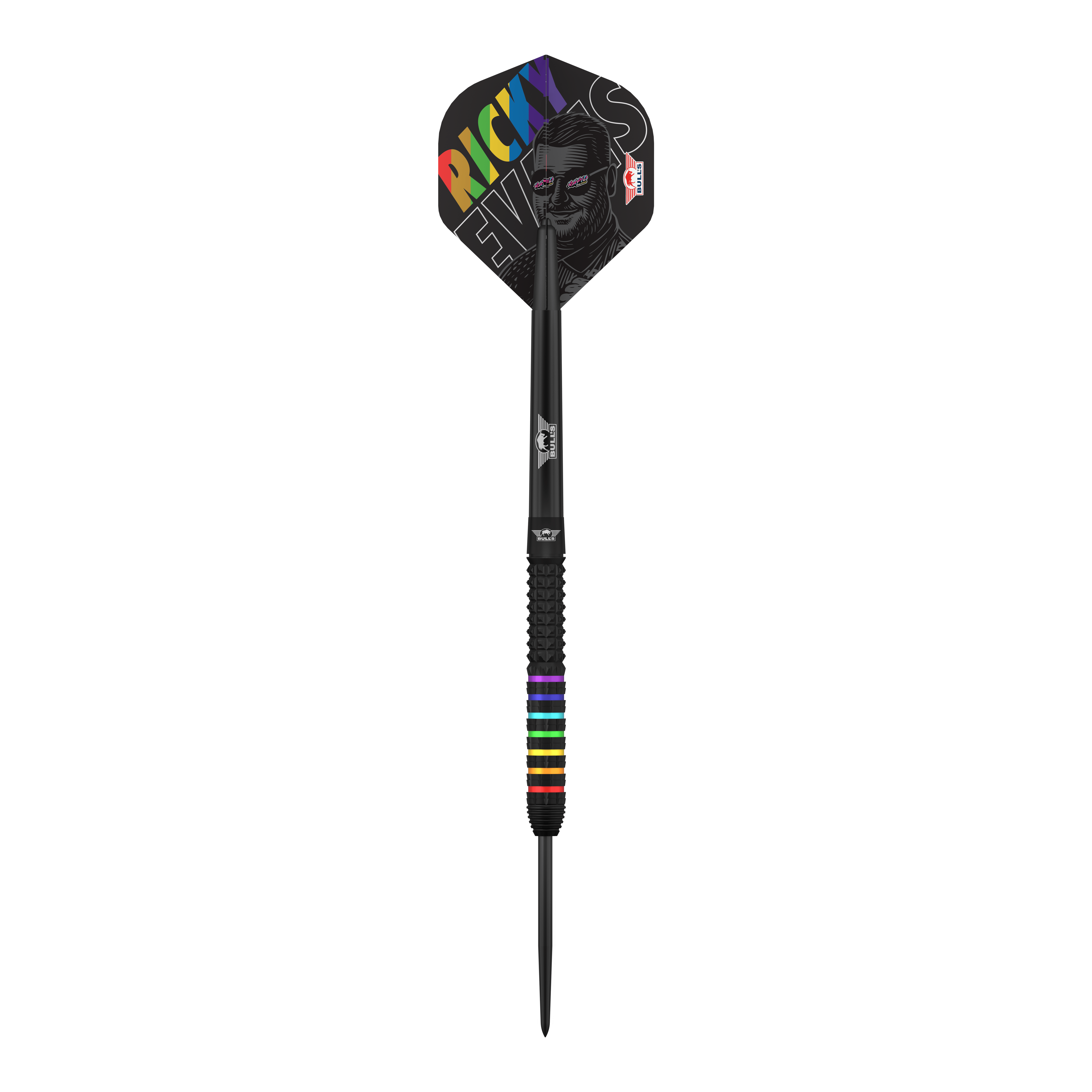 Dardos de acero Bulls NL Ricky Evans Rapid 95 Zu sehen ist das Produkt Bulls NL Ricky Evans Rapid 95 Steeldarts - 23g. Die Aufnahme fokussiert auf die Optik des Dartpfeils.