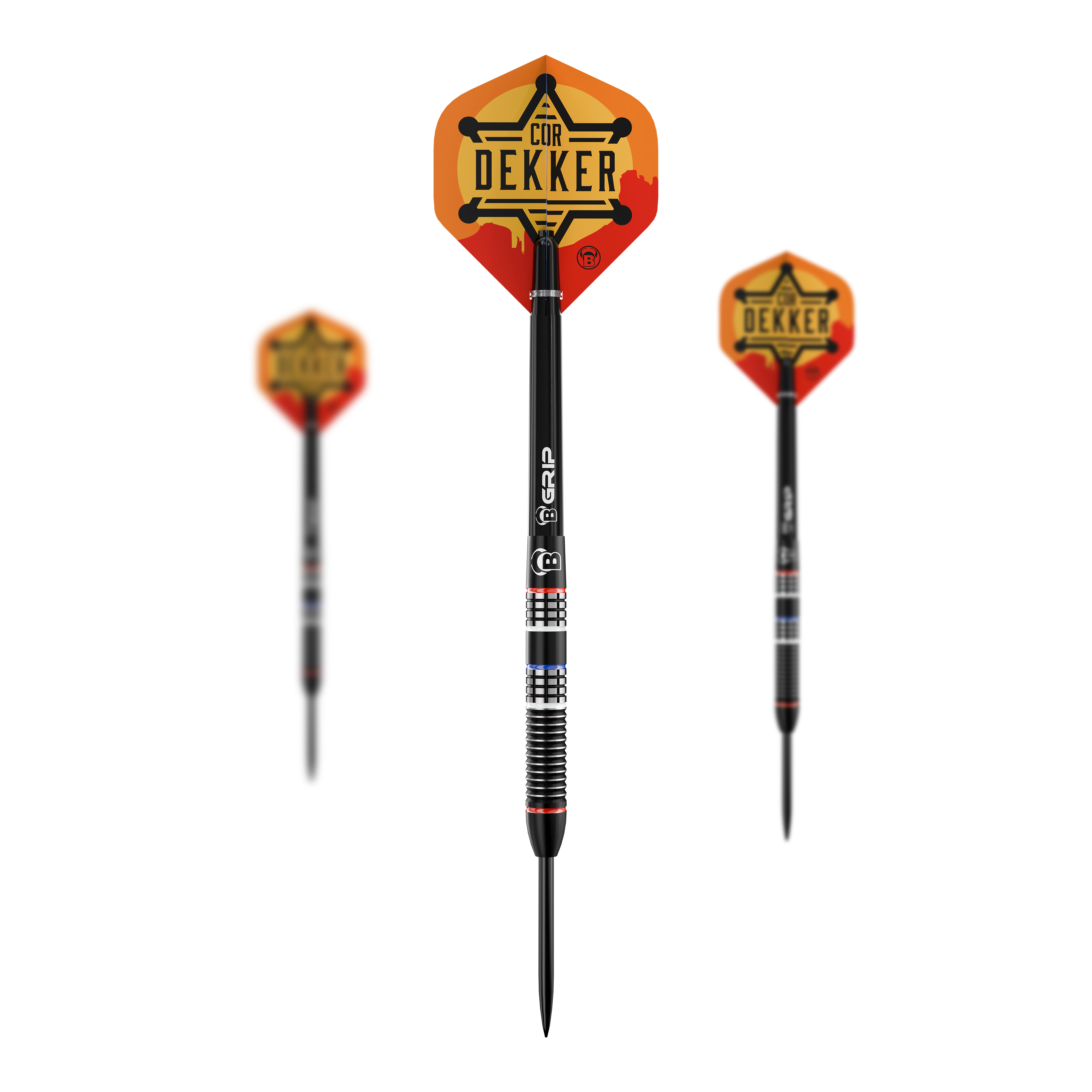 Es ist ein Set der Bulls Cor Dekker The Sheriff Steeldarts mit 23 Gramm zu sehen. Das Set enthält mehrere Darts für das professionelle Dartspiel.