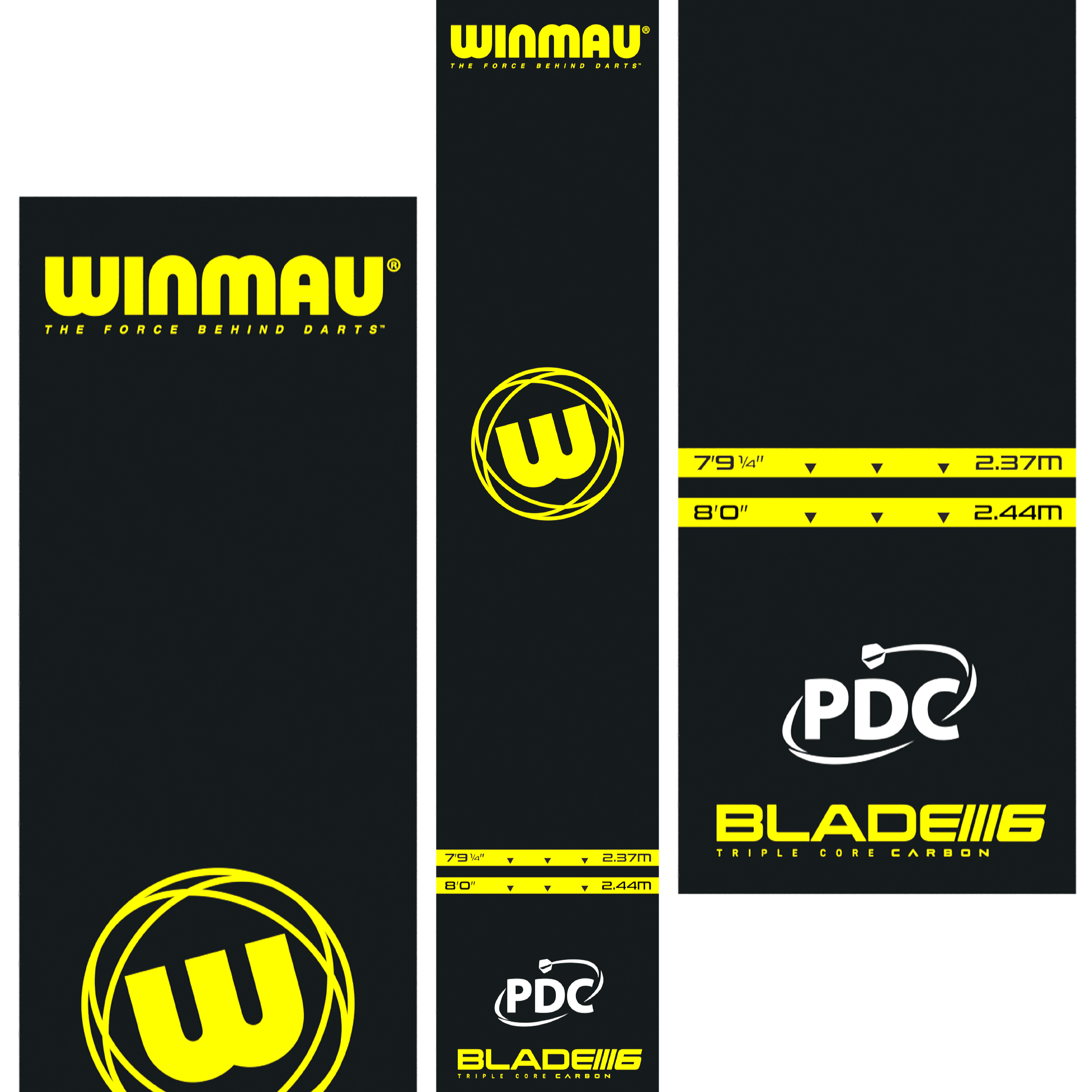 Tapete de dardos Winmau Pro-Zone Essential de PVC Das Bild zeigt die Winmau Pro-Zone Essential PVC Dartmatte mit auffälligen gelben Logos und Markierungen. Die Matte zeigt Abwurflinien in den Längen 2,37 m und 2,44 m sowie die Logos von Winmau, PDC und Blade 6.