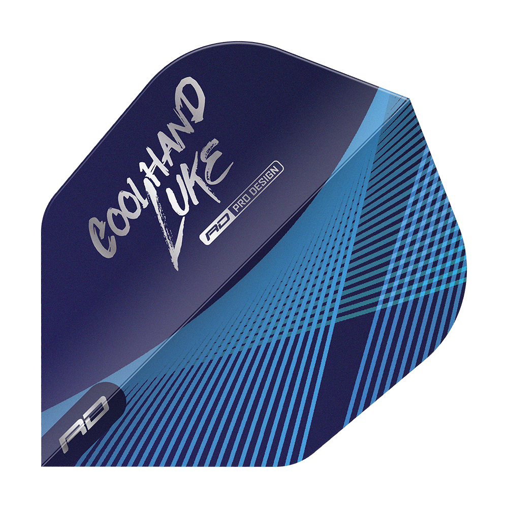 Dragón Rojo Luke Humphries Coolhand Azul Plata N.° 6 Vuelos Das Bild zeigt ein Dartflight in Blau mit silbernen und blauen Linien. Auf dem Flight steht der Schriftzug „Coolhand Luke“ und das Logo „RD Pro Design“.