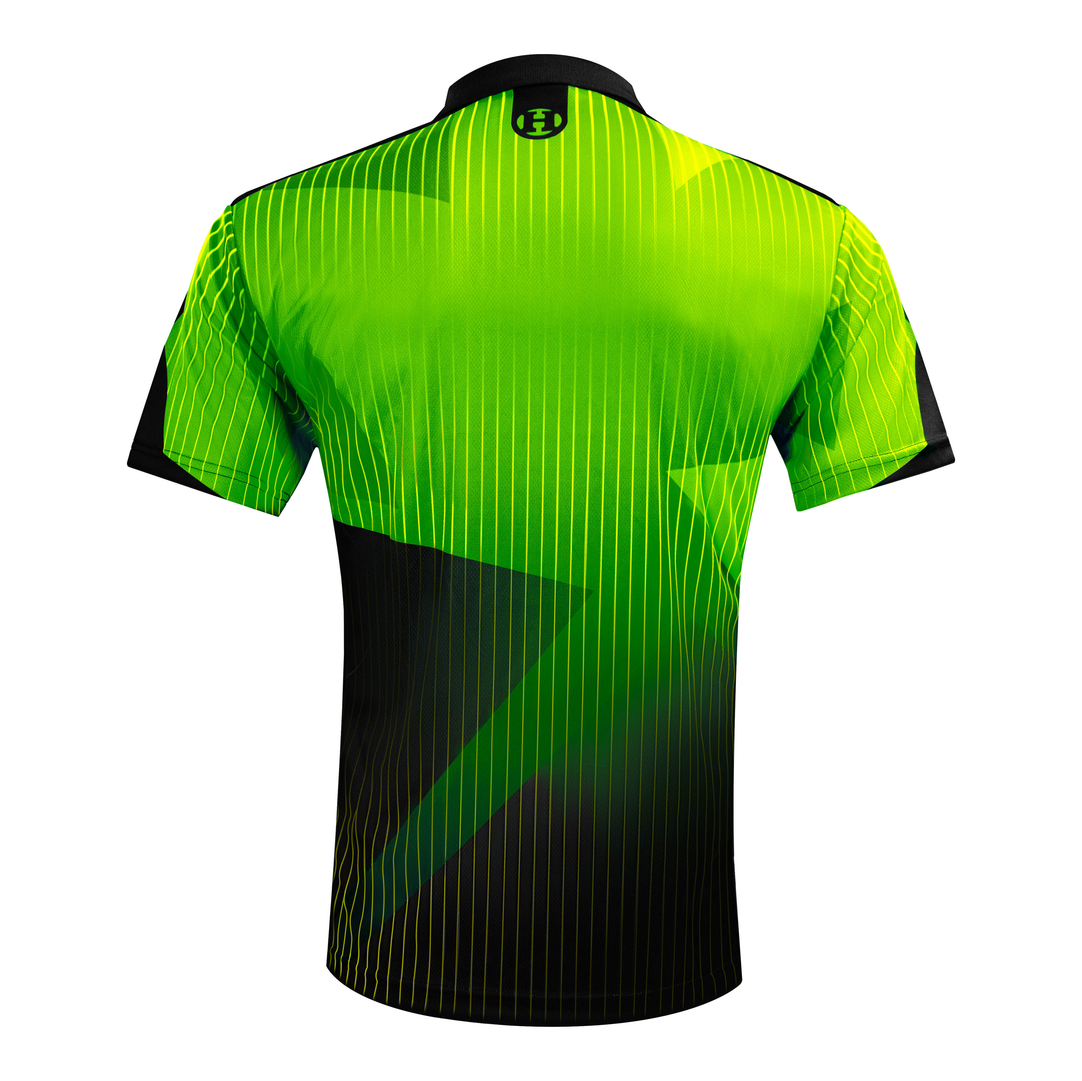 Harrows Shard Dartshirt - Grün Das Bild zeigt das Harrows Shard Dartshirt in Grün von hinten. Das Shirt hat ein modernes Design mit vertikalen Linien und schwarzen Akzenten.