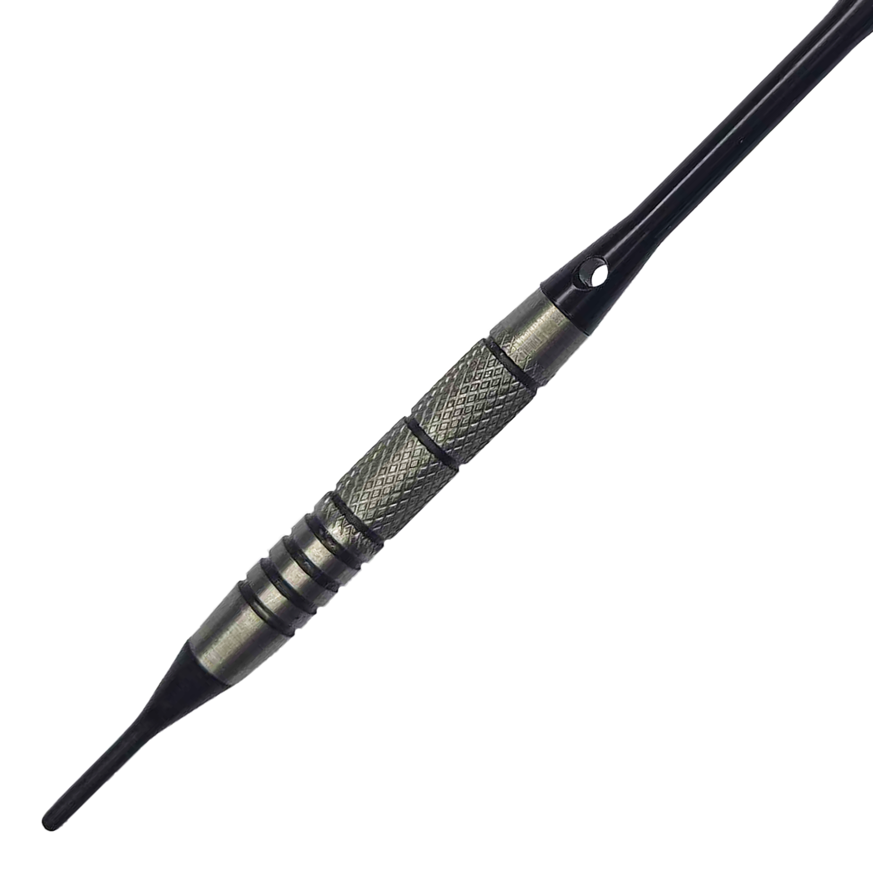 Dardos blandos McDart 85 Tungsten V9 - 17,5 g Auf dem Bild ist ein McDart 85er Tungsten V9 Softdart mit einem Gewicht von 17,5 g zu sehen. Der Dartpfeil hat eine metallische Griffzone mit feiner Riffelung für besseren Halt.