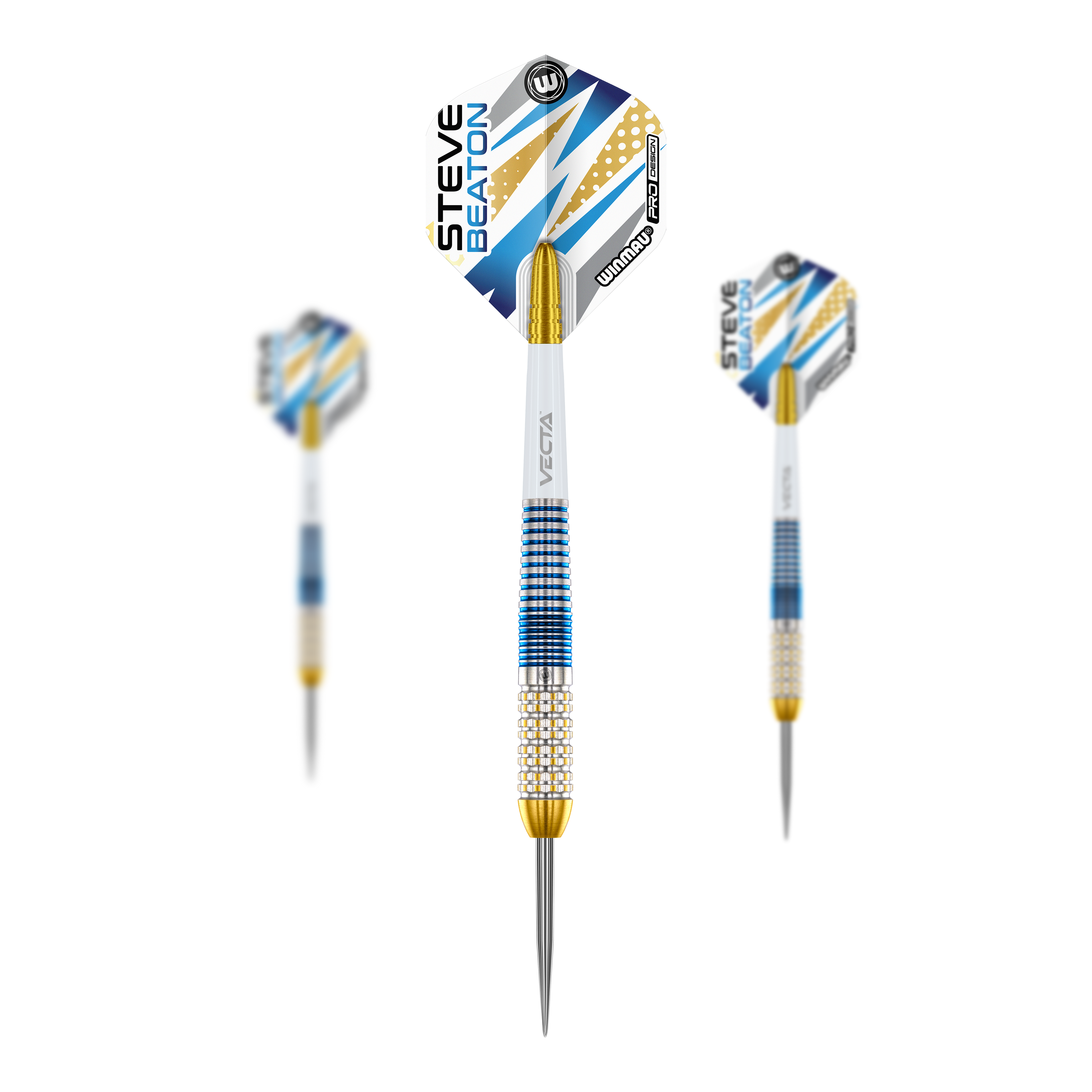 Dardos de acero Winmau Steve Beaton Legend Series Das Bild zeigt drei Steeldarts der Marke Winmau aus der Steve Beaton Legend Series. Die Darts haben blaue, weiße und goldene Akzente sowie einen Pfeil mit „Steve Beaton“ Schriftzug auf dem Flight.