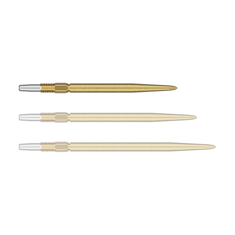 Puntas de dardos Target Swiss Point SLK - doradas Das Bild zeigt drei goldene Dartspitzen mit silbernem Gewinde. Die Dartspitzen sind in unterschiedlichen Perspektiven angeordnet.