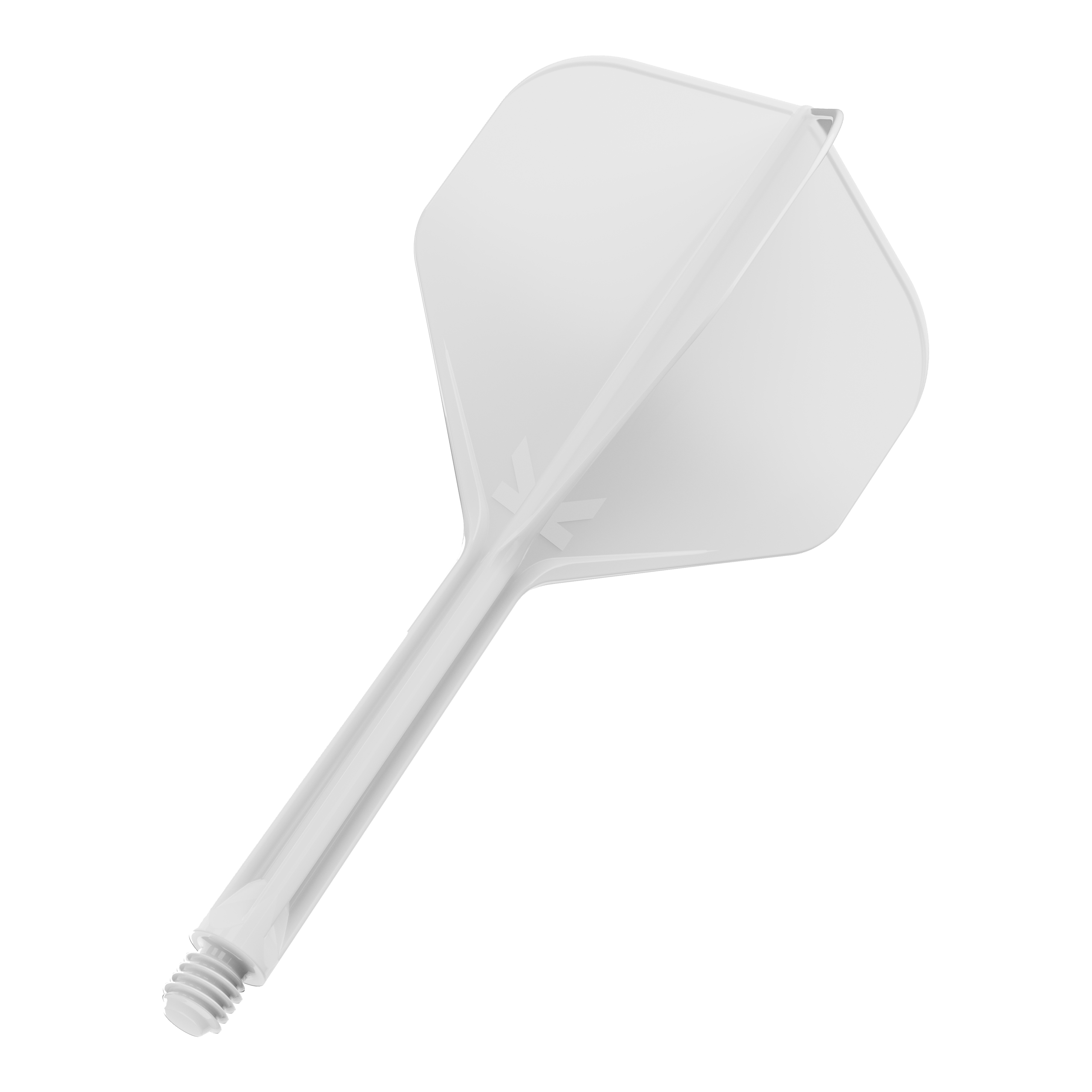 Sistema de vuelo estándar Target K-Flex No2 - Blanco Das Bild zeigt einen weißen Dartflügel mit integriertem Schaft. Der Schaft hat ein Schraubgewinde am Ende zur Befestigung am Dartpfeil.