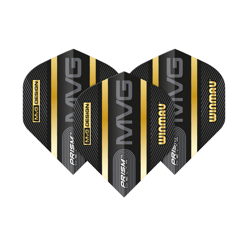6915-238_Winmau_Prism_Delta_MvG_Standard_Flights_1bEv34SZ2YXrGd Das Bild zeigt drei Winmau Prism Delta MvG Standard Flights für Darts. Die Flights sind schwarz mit goldenen und silbernen Streifen sowie mit den Aufdrucken "MVG", "WINMAU" und "PRISM DELTA".