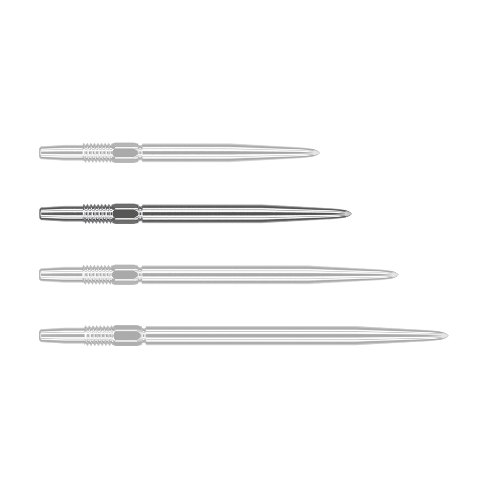 Puntas de dardos Target Swiss Point Silver Das Bild zeigt vier silberne Dartspitzen, die nebeneinander liegen. Sie sind lang, schmal und haben ein geriffeltes Stück am oberen Ende.