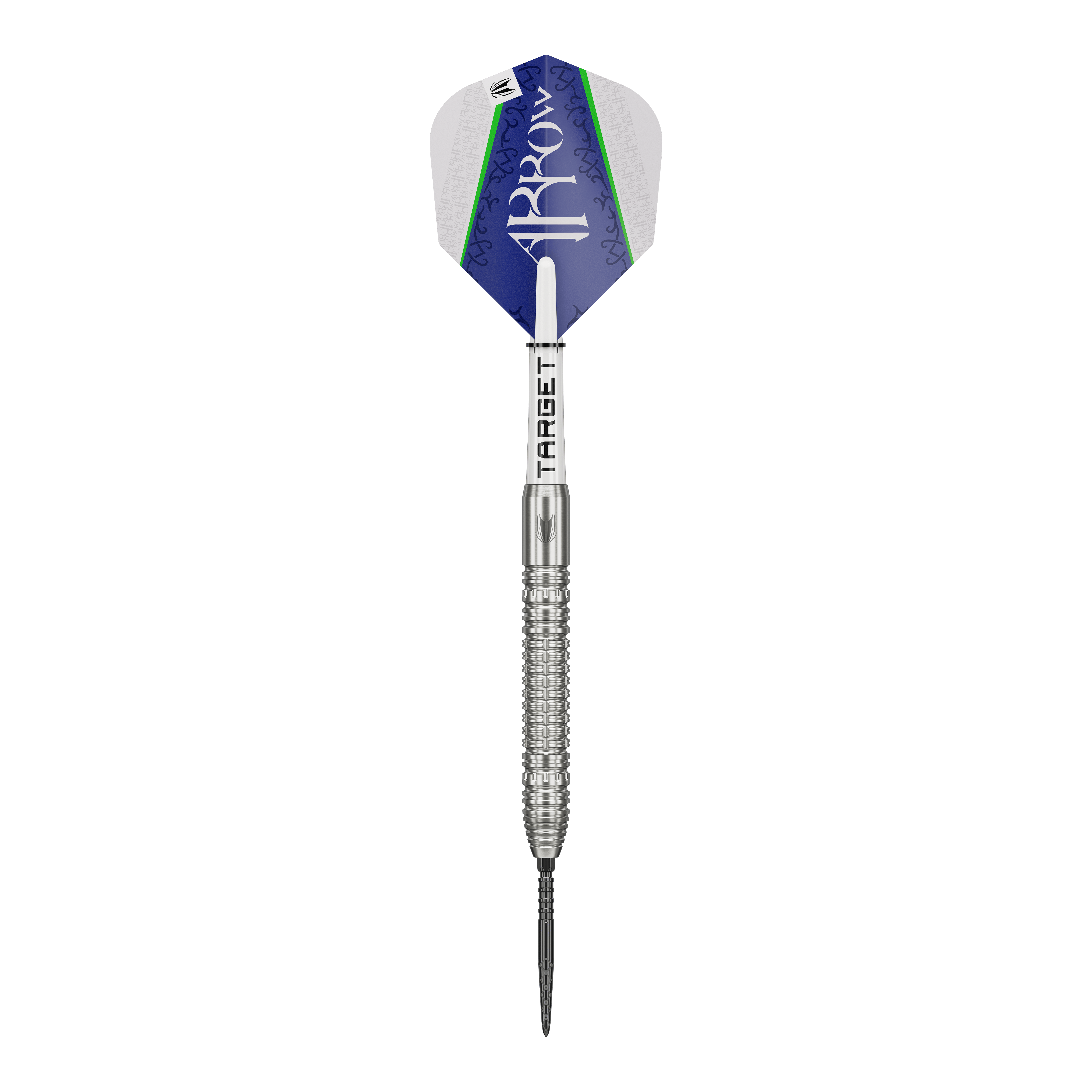 Dardos de acero Target Shane McGuirk GEN1 Swiss Point - 23 g Auf dem Bild ist der Target Shane McGuirk GEN1 Swiss Point Steeldart mit 23g zu sehen. Der Dartpfeil hat ein silbernes Griffstück und eine blau-weiße Flight mit grünem Akzent.