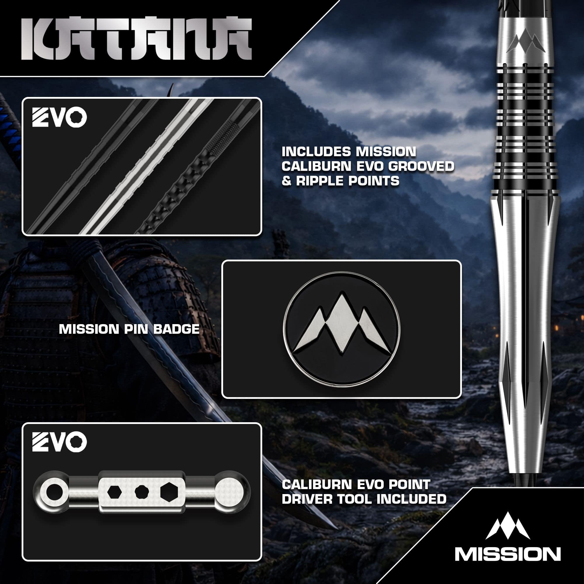 Dardos de acero Mission Katana Mission Katana Steeldarts sind hochwertige Steeldarts. Auf dem Bild ist das Produkt aus nächster Nähe zu sehen.