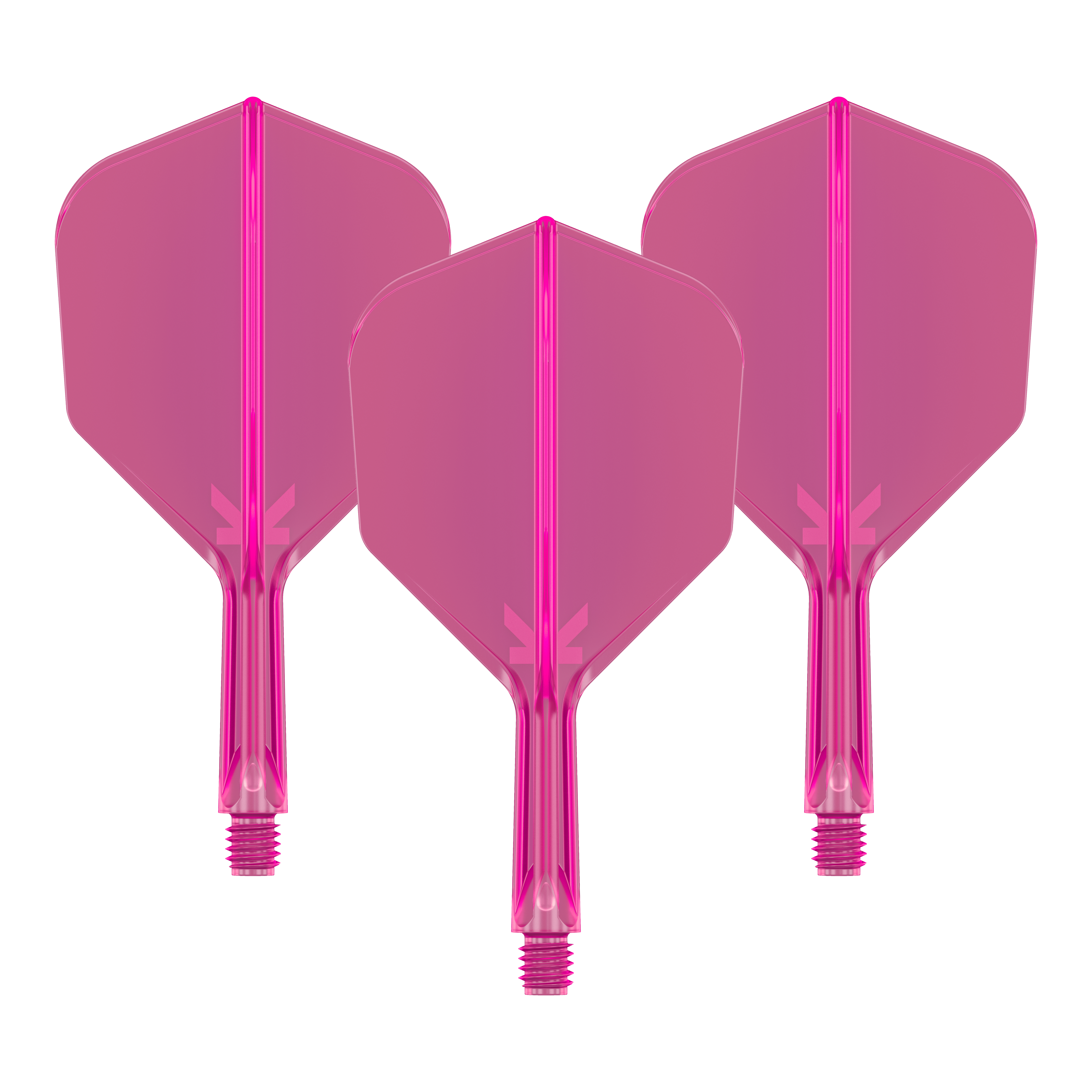 Das Bild zeigt drei neonpinke Dart-Flights mit angesetzten Schäften. Sie sind nebeneinander angeordnet und haben ein transparentes Design.