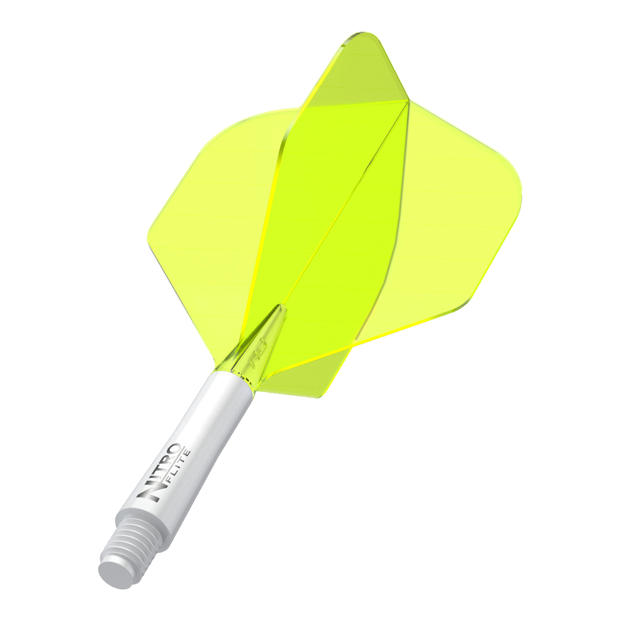 Red Dragon Nitroflite - Eje blanco, plumas amarillas nº 2 Das Bild zeigt einen gelben Dartflight mit einem weißen Schaft. Auf dem Schaft steht der Text "NITRO FLITE".