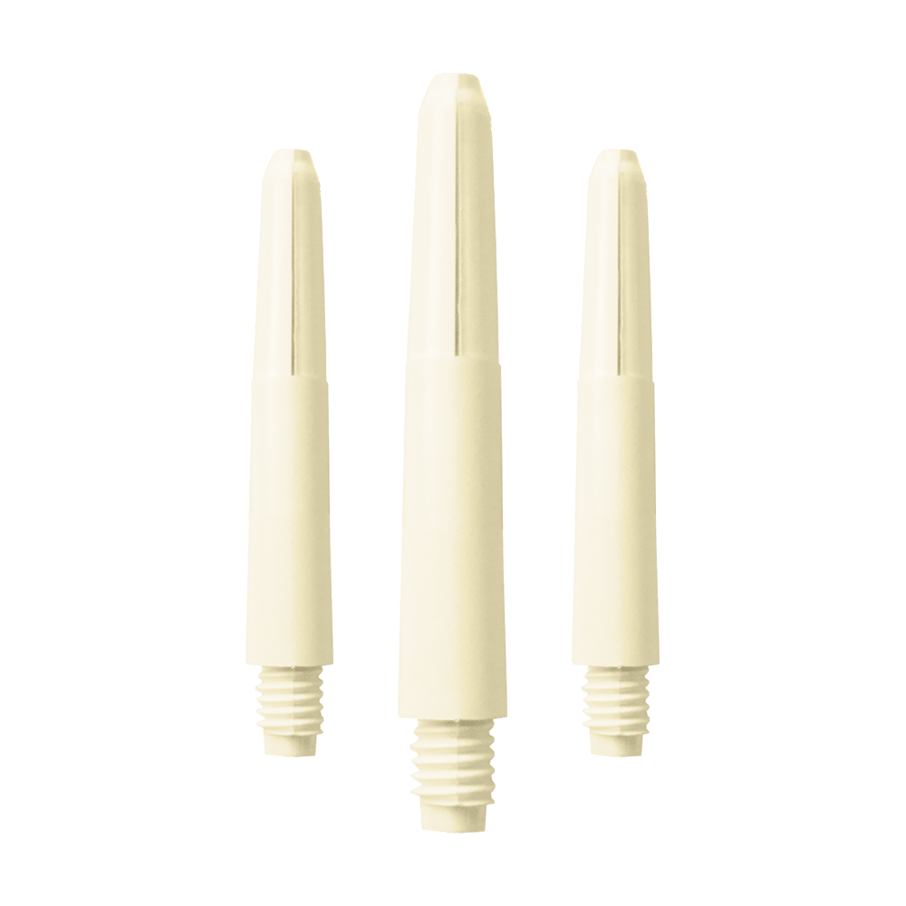 576_Nylon_Shafts_Naturweiss_35mm_1 Das Bild zeigt drei Nylon Shafts in der Farbe Naturweiß. Die Shafts haben ein schlichtes, glattes Design mit einem Schraubgewinde am unteren Ende.