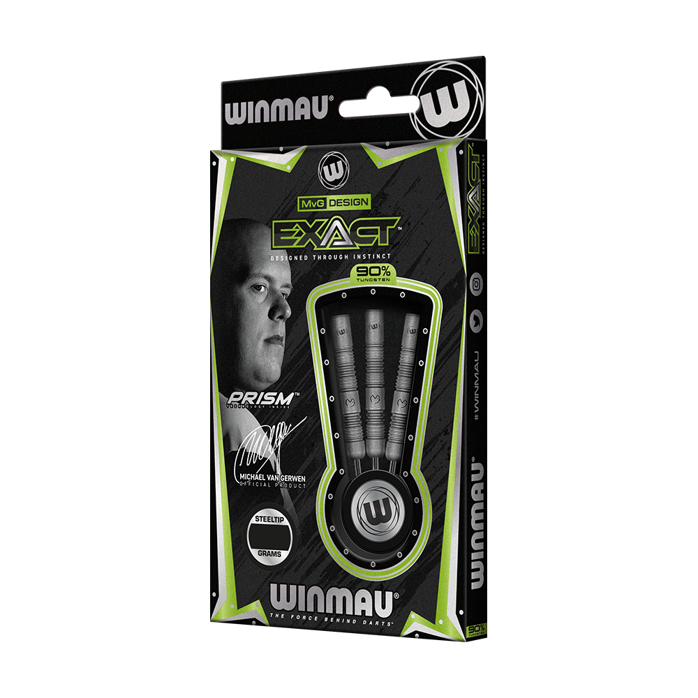 1468_Winmau_Michael_Van_Gerwen_Exact_Steeldarts_3 Auf dem Bild ist eine Packung "Winmau Michael Van Gerwen Exact Steeldarts" zu sehen. Die Verpackung zeigt drei Darts und das Bild sowie die Unterschrift von Michael Van Gerwen.