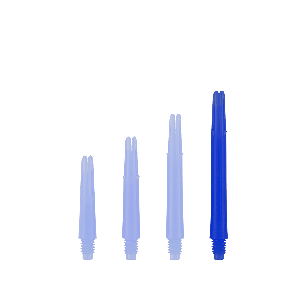 Ejes en L bloqueados rectos estilo L - Azul Auf dem Bild sind vier blaue gerade Dartschäfte in unterschiedlichen Längen zu sehen. Sie stehen nebeneinander aufrecht und haben ein Schraubgewinde am unteren Ende.