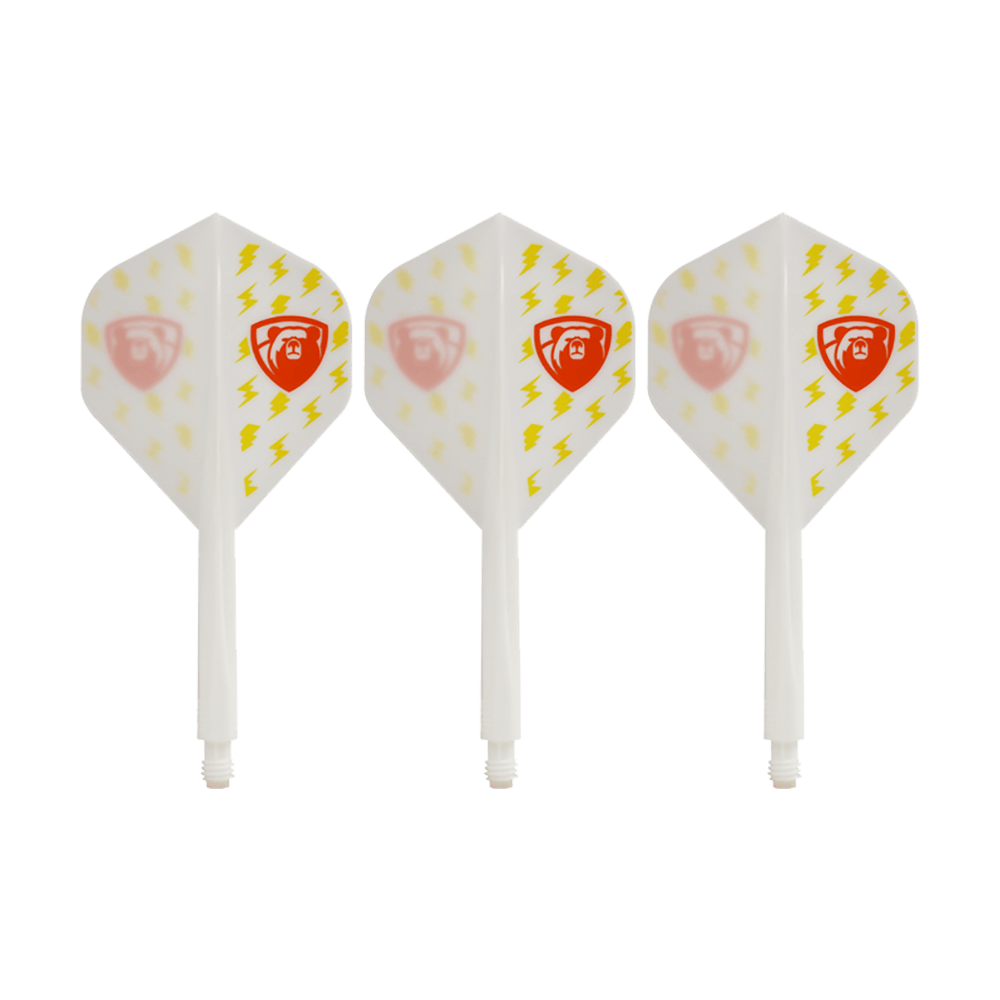 Sistema de vuelo Condor AX Thunderbolt blanco - Estándar Das Bild zeigt drei weiße Dartflights des Condor AXE Thunderbolt White Flight-Systems in Standardform. Die Flights sind mit gelben Blitzen und einem roten Schild-Logo verziert.