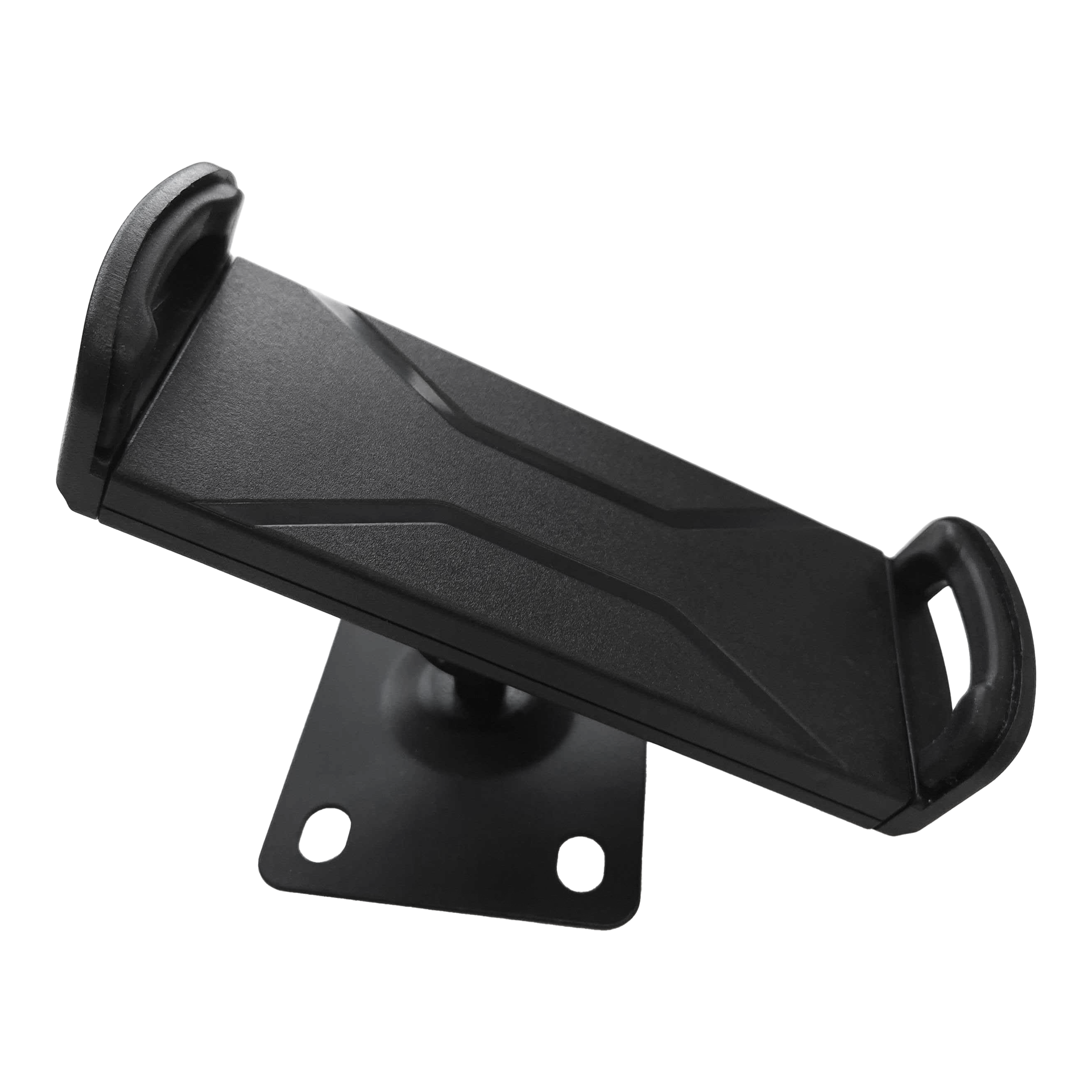 Soporte de pared para tablet McDart TABSteady Das Bild zeigt die McDart TABSteady Tablet Wandhalterung. Die Halterung ist schwarz und hat zwei seitliche Haltearme für ein Tablet.
