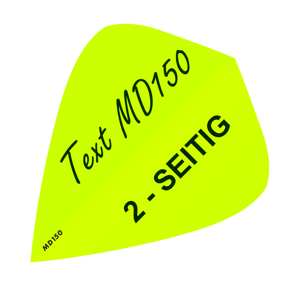 MD-305_2-Seitig_Bedruckte_Flights_Wunschtext_MD150_Neongelb_Kite_1 Das Bild zeigt eine gelbe Fläche mit dem Text "Text MD150" und "2-SEITIG". In der Ecke steht außerdem klein "MD150".