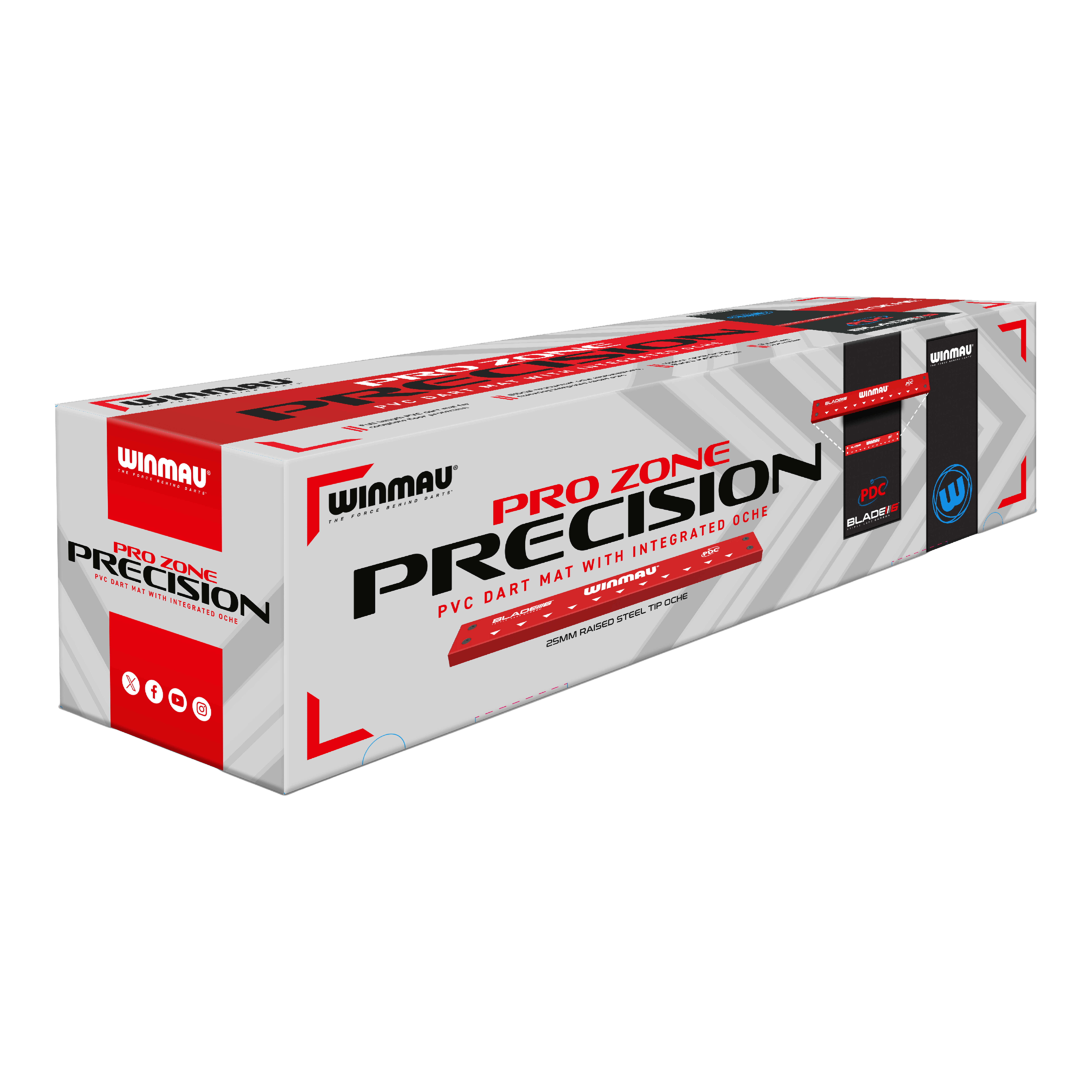 Tapete de dardos Winmau Pro-Zone Precision Blade para 6 dardos con acabado oche Die Abbildung zeigt die Verpackung der "Winmau Pro-Zone Precision Blade 6 Dartmatte mit Oche". Auf der Verpackung steht, dass es sich um eine PVC-Dartmatte mit integriertem Oche handelt.