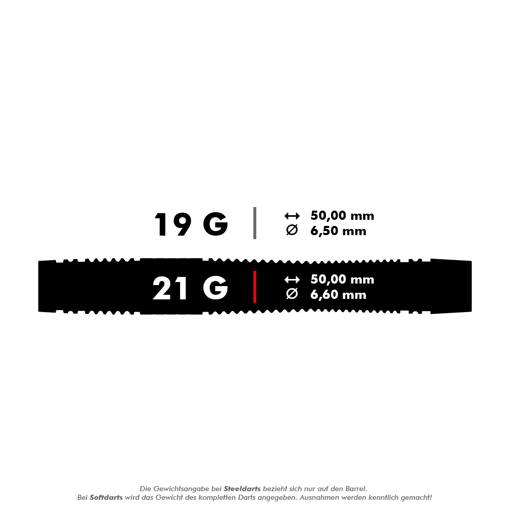 Dardos blandos Target Scope 11 Das Bild zeigt zwei Gewichtsoptionen für Softdarts: 19 Gramm und 21 Gramm. Beide Optionen haben eine Länge von 50,00 mm, jedoch beträgt der Durchmesser 6,50 mm bei 19 g und 6,60 mm bei 21 g.