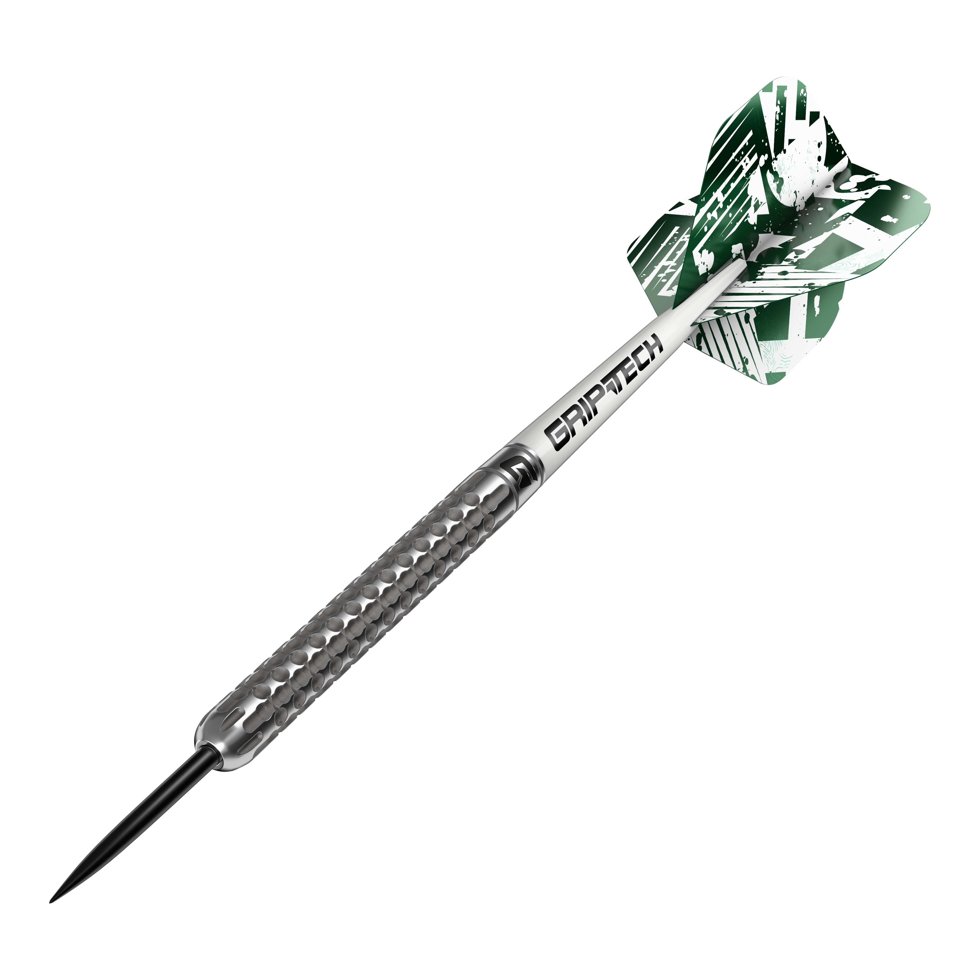Dardos de acero de tungsteno GOAT Fairway V1 Das Bild zeigt einen GOAT Fairway V1 Tungsten-Steeldart mit silbernem, strukturiertem Griff. Am hinteren Ende befindet sich ein grüner Flight mit weißem Muster und der Aufschrift "GRIPTECH".