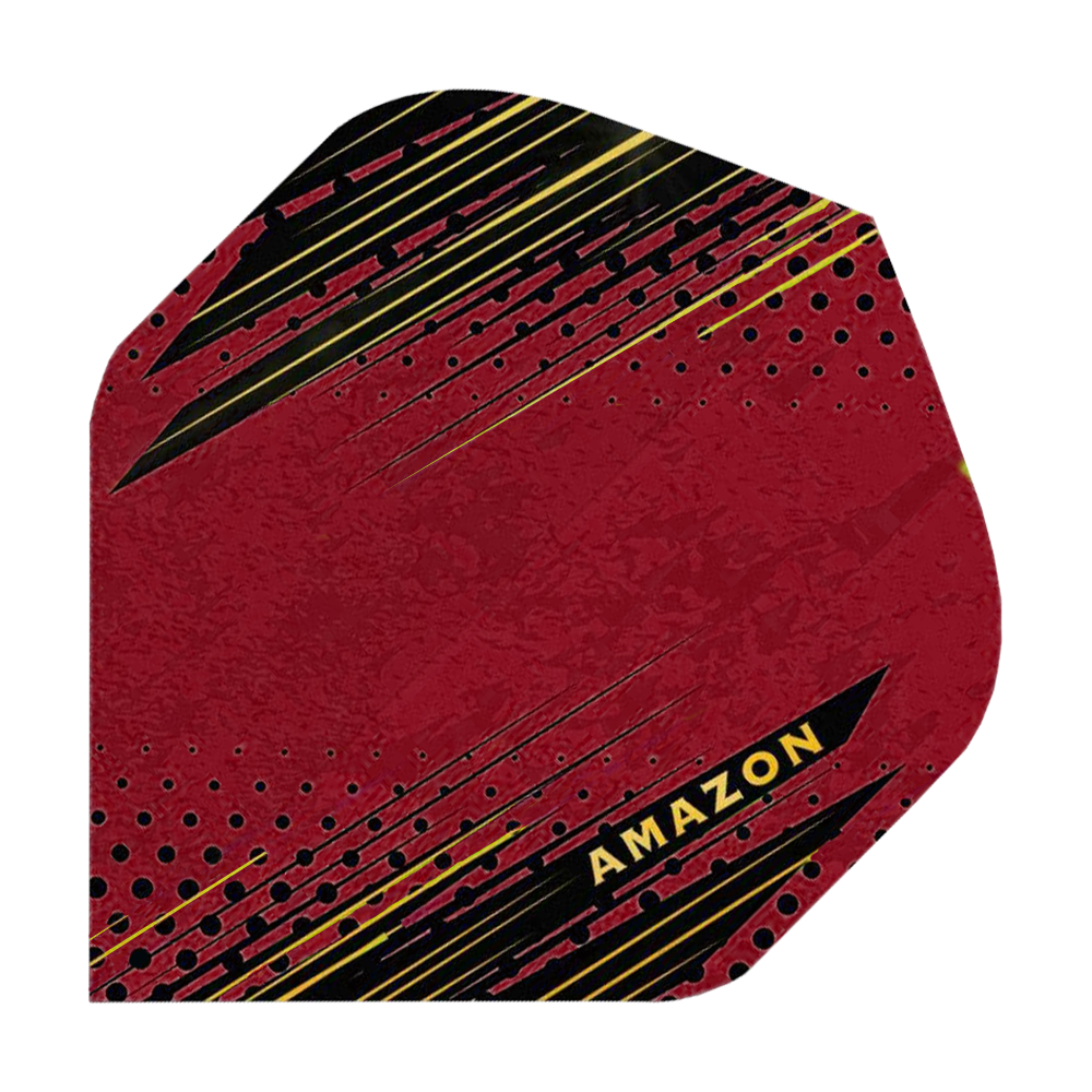 A43_Amazon_ORO_Standard_Flights_Rot_1 Das Bild zeigt ein Dartflügel-Produkt namens "Amazon ORO Standard Flights". Es ist überwiegend rot mit schwarzen und gelben Streifen sowie dem Schriftzug "AMAZON" darauf.