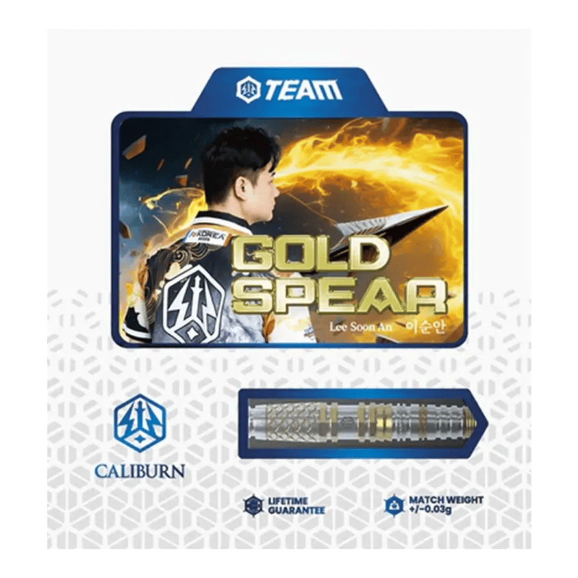 Dardos Caliburn Players Lee Soon An Gold Spear Steeldarts - 23 g Abgebildet sind die Caliburn Players Darts Lee Soon An Gold Spear Steeldarts, 23g. Diese Darts zeichnen sich durch eine goldfarbene Optik aus.