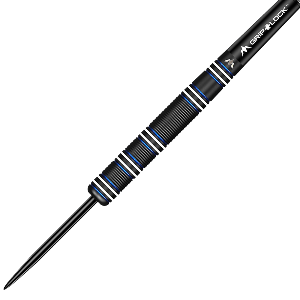 M001355_Mission_Alan_Soutar_Black_Titanium_Steeldarts_2 Das Bild zeigt einen schwarzen Titan-Steeldart namens "Mission Alan Soutar Black Titanium Steeldarts - 24g". Der Dart hat blaue und silberne Akzente und eine strukturierte Oberfläche für besseren Halt.