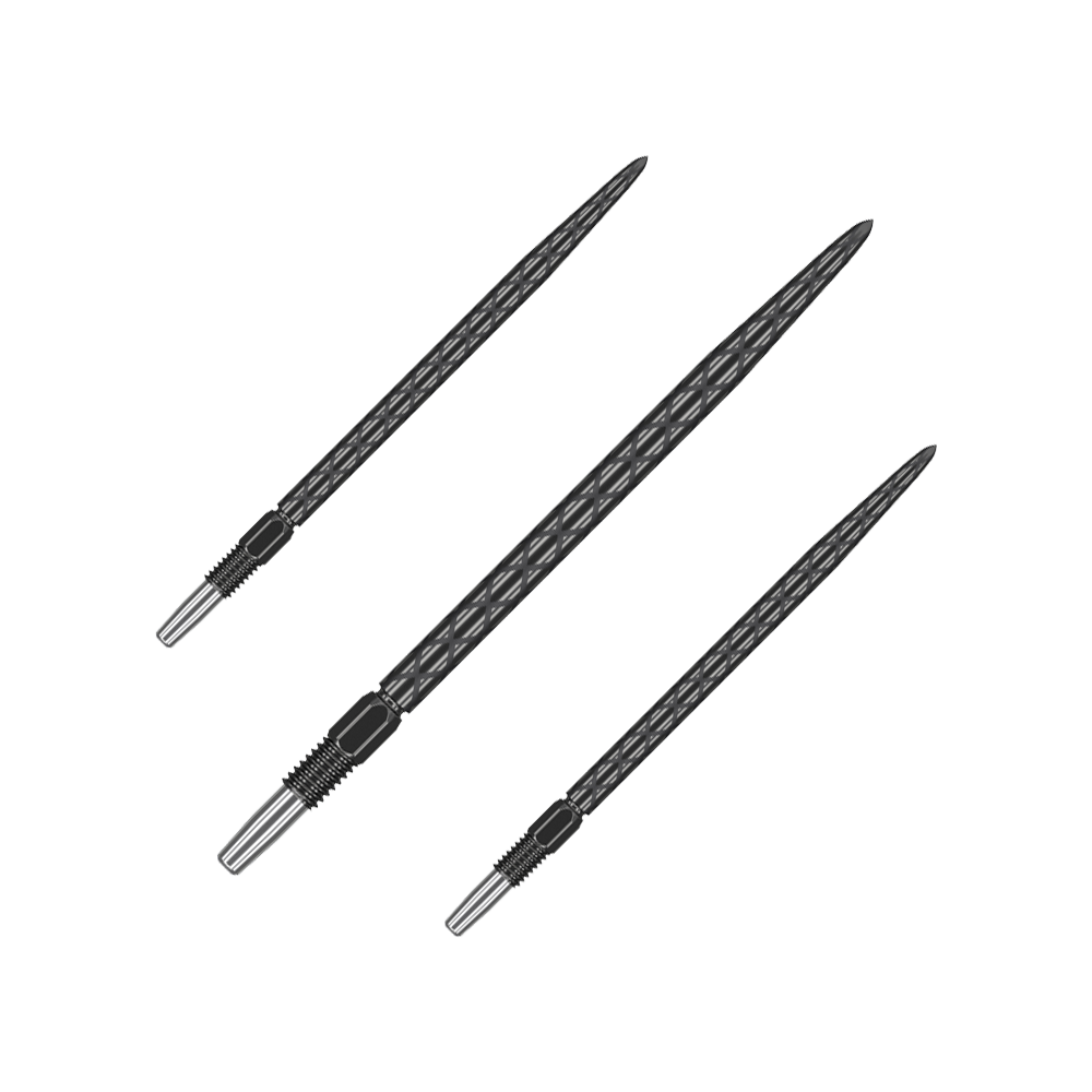 Puntas de dardos Target Swiss Diamond Pro Black Points Das Bild zeigt drei schwarze Dartspitzen mit einem rautenförmigen Muster. Sie sind lang und haben ein silbernes Schraubgewinde am Ende.