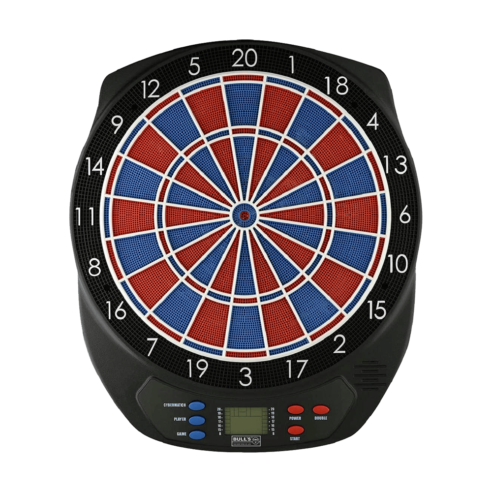 67963_Bulls_Scorpy_Elektronik_Dartboard_1 Das Bild zeigt das Bulls Scorpy Elektronik Dartboard. Es hat eine bunte Zielscheibe mit roten und blauen Feldern sowie ein digitales Bedienfeld unten.
