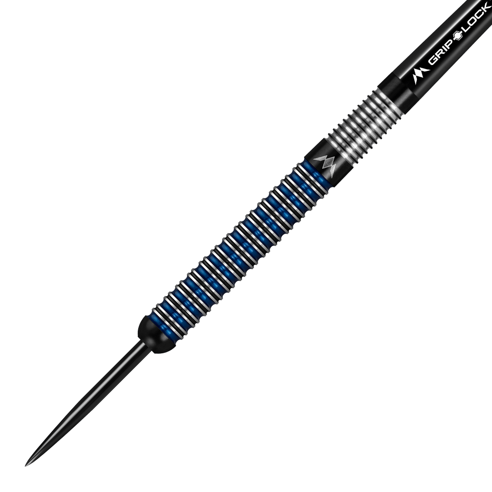 Dardos de acero Mission Nightfall Modelo 1 Das Bild zeigt einen Mission Nightfall Model 1 Steeldart. Der Dart hat ein modernes Design mit silbernen und blauen Ringen am Barrel.
