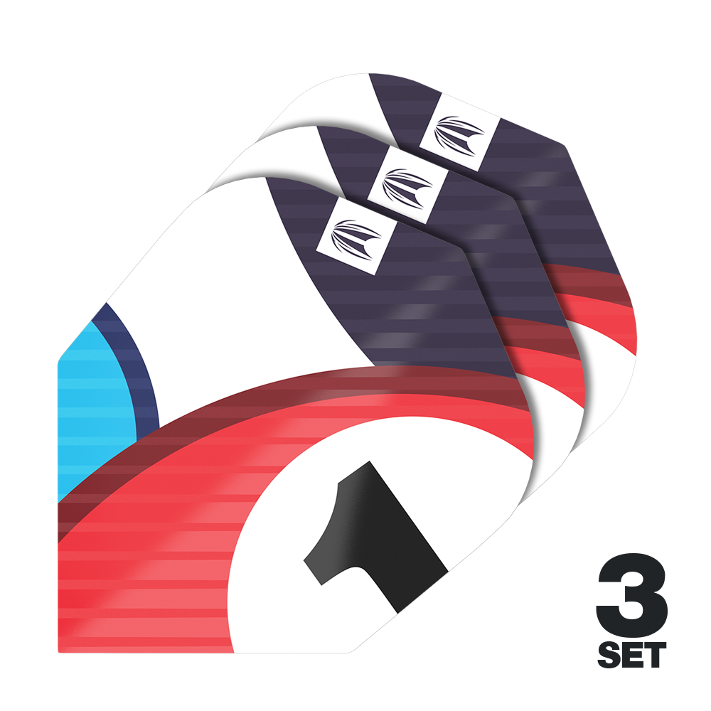 Plumas Target Pro Ultra Chicane Blue No6 - 3 juegos Das Bild zeigt drei Sets von Target Pro Ultra Chicane Blue No6 Flights für Darts. Auf den Flights sind rote, blaue und schwarze Designelemente sowie die Zahl 1 zu sehen.