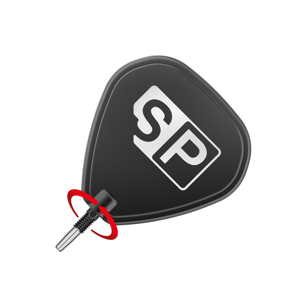 Puntas de dardos Target Swiss Point RVE - Negras Das Bild zeigt eine schwarze Dartspitze mit der Aufschrift "SP" in Weiß. Ein roter Pfeil deutet auf die Richtung hin, in der die Spitze eingedreht werden soll.